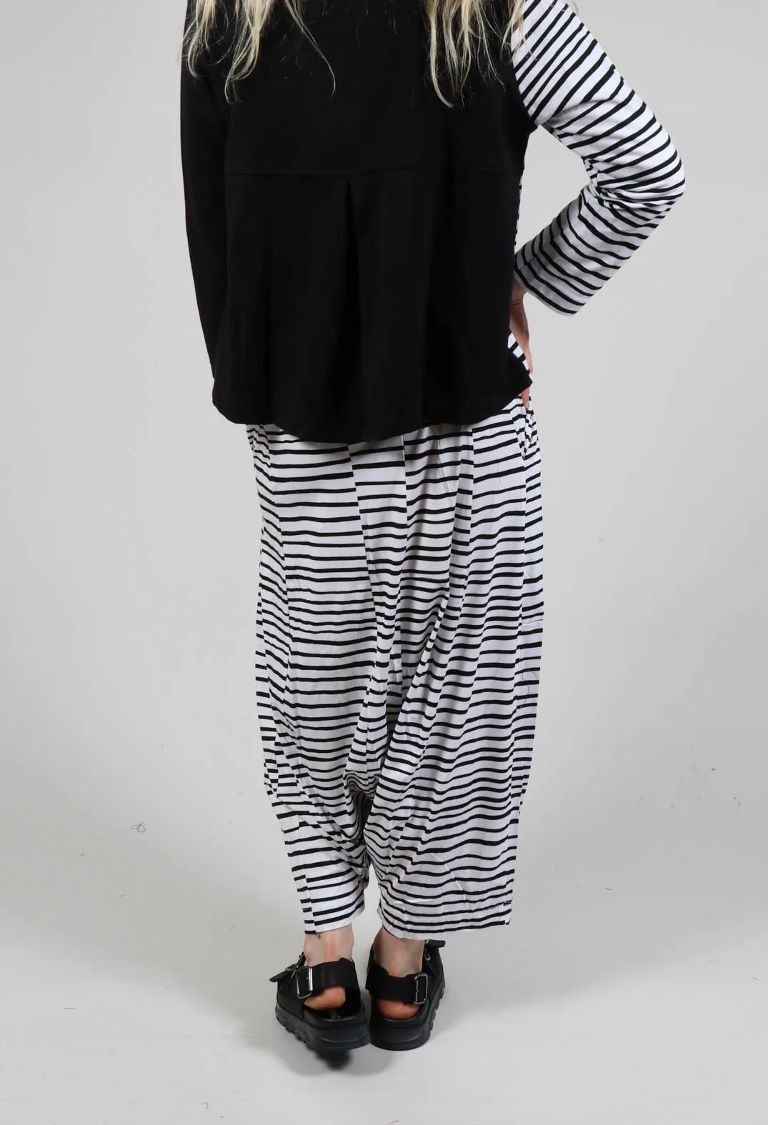 Jersey Drop-Crotch Trousers in White with Black Lines