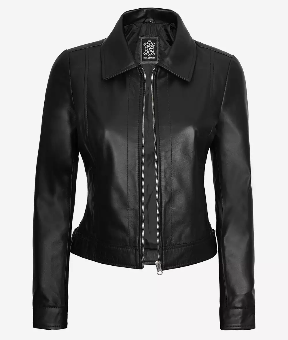 Jose Womens Black Shirt Collar Harrington Leather Jacket