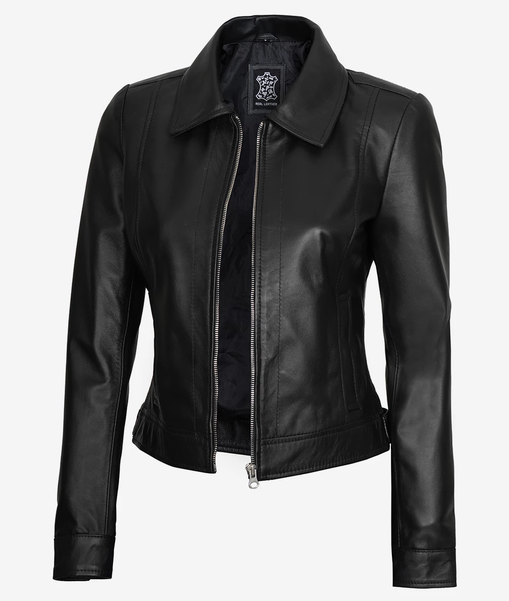 Jose Womens Black Shirt Collar Harrington Leather Jacket