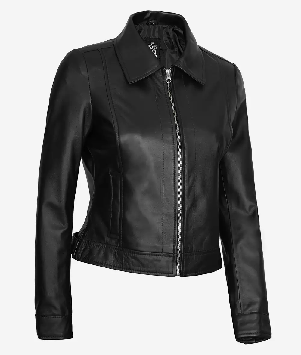 Jose Womens Black Shirt Collar Harrington Leather Jacket