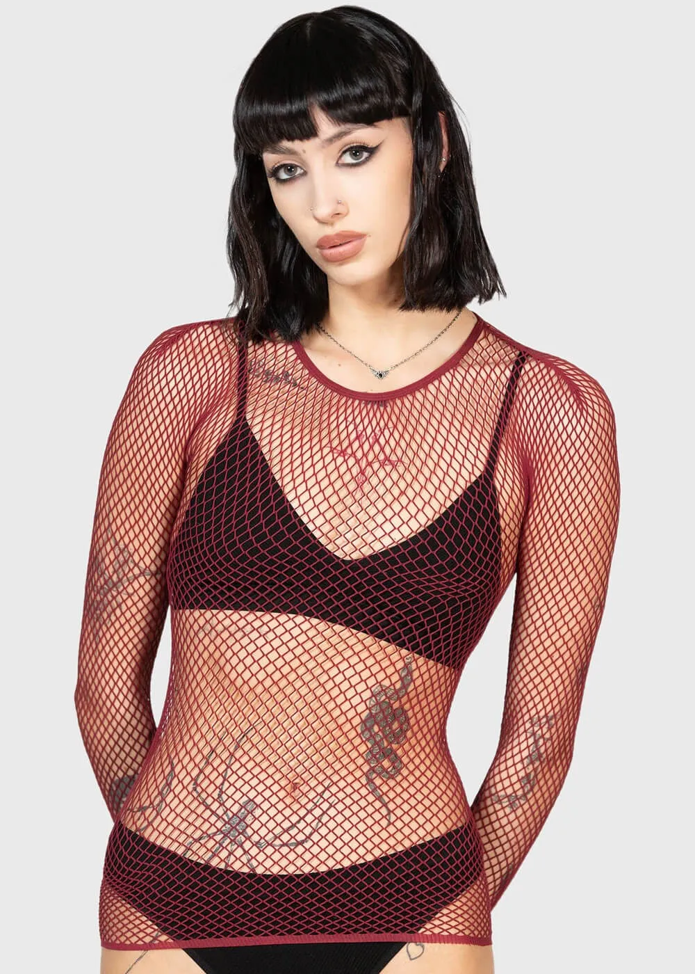 Killstar Hellrazor Fishnet Top Bourgondisch Rood