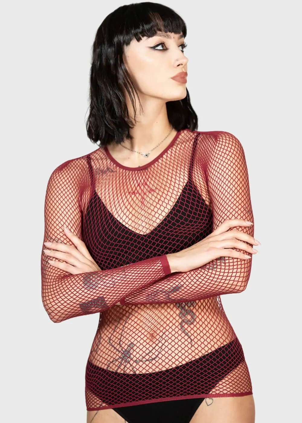 Killstar Hellrazor Fishnet Top Bourgondisch Rood