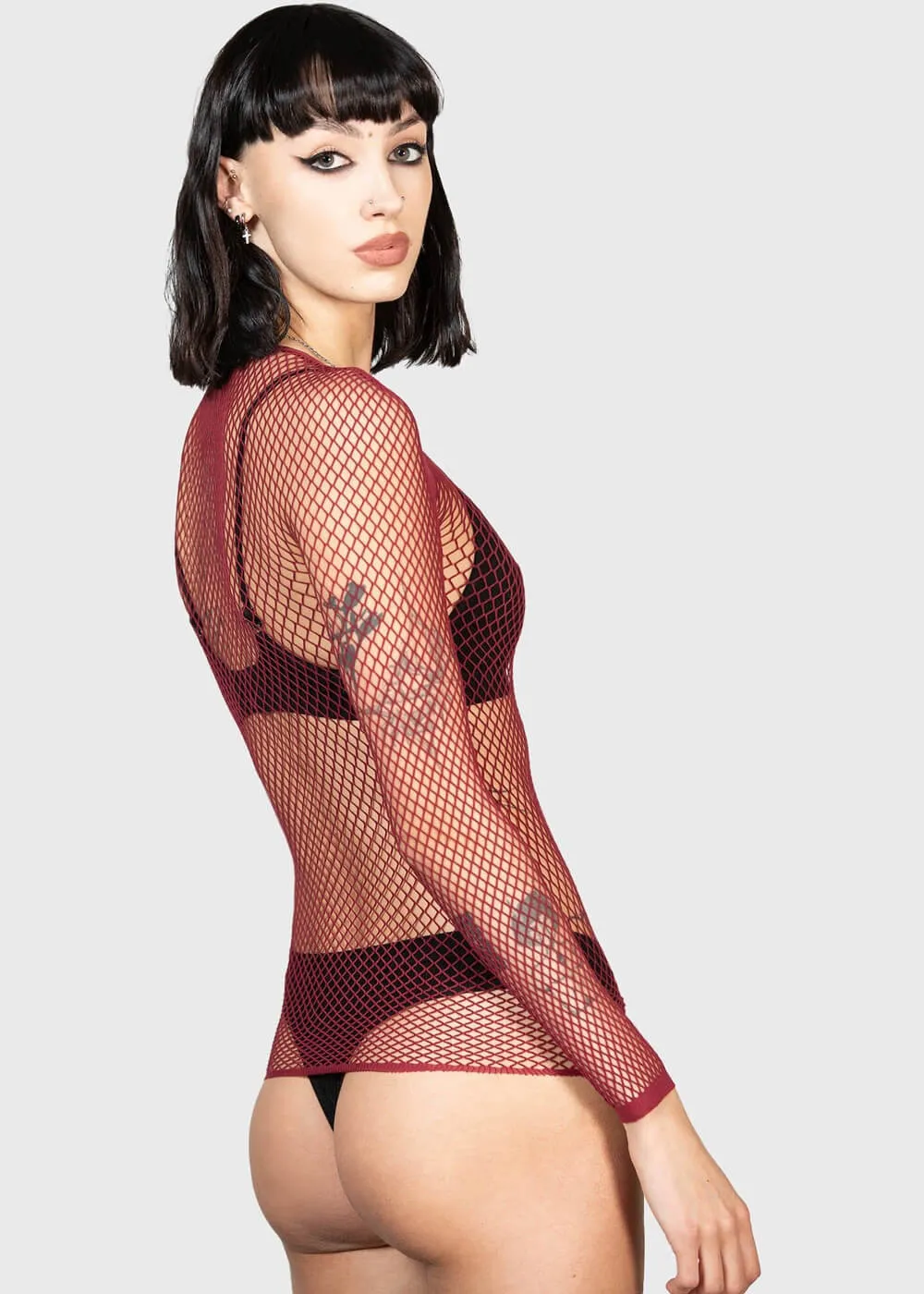 Killstar Hellrazor Fishnet Top Bourgondisch Rood