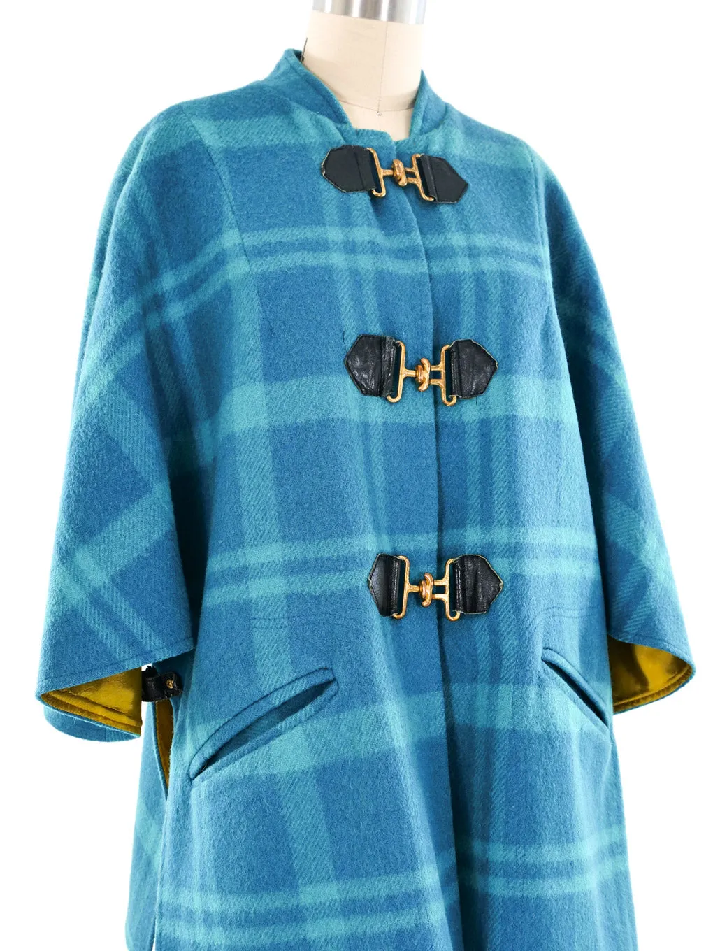 Leather Trimmed Turquoise Plaid Wool Coat