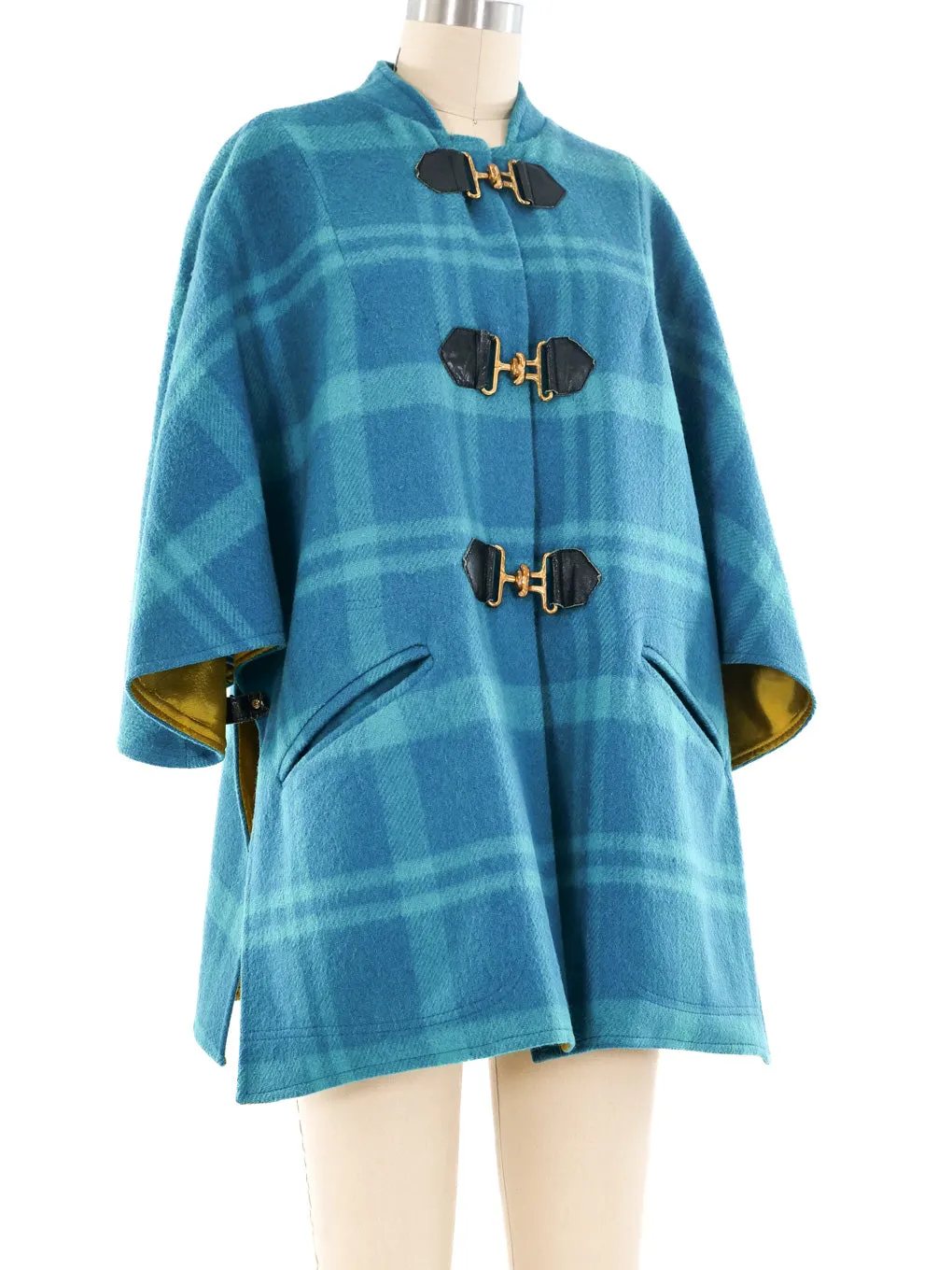 Leather Trimmed Turquoise Plaid Wool Coat