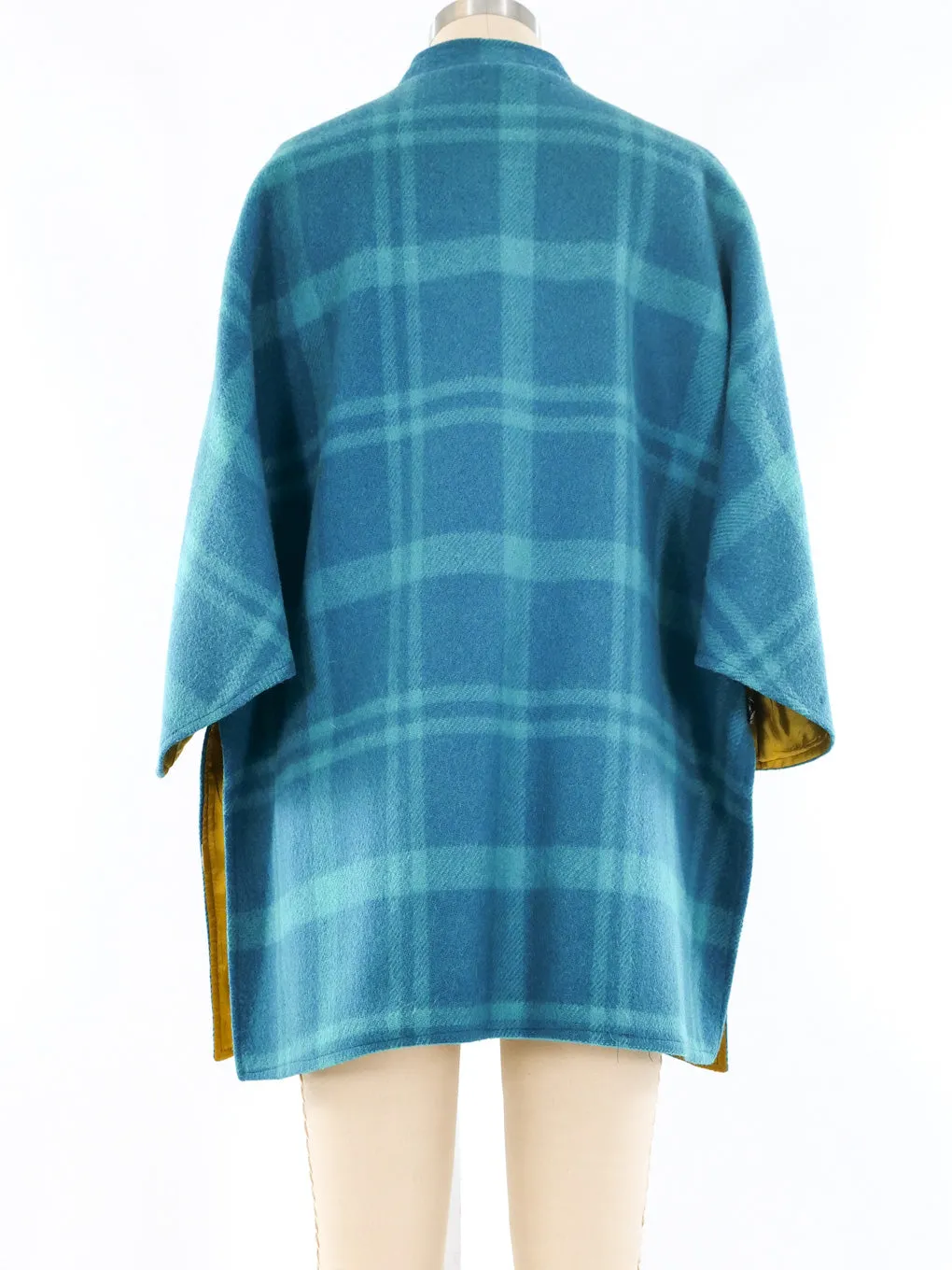 Leather Trimmed Turquoise Plaid Wool Coat