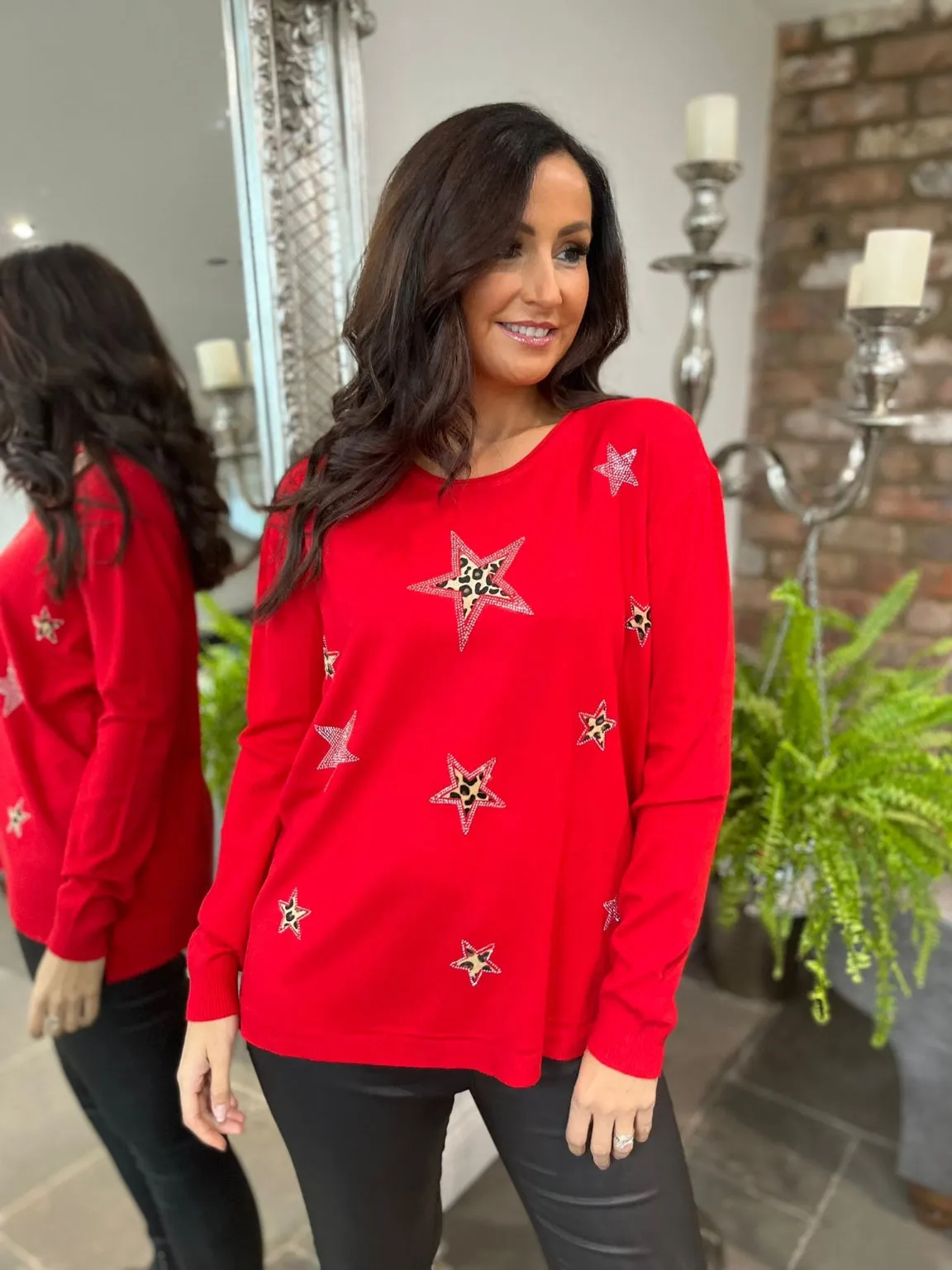 Leopard Star Fine Knit Jumper Wren