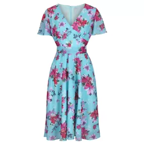 Light Blue Floral Split Sleeve Retro Swing Dress