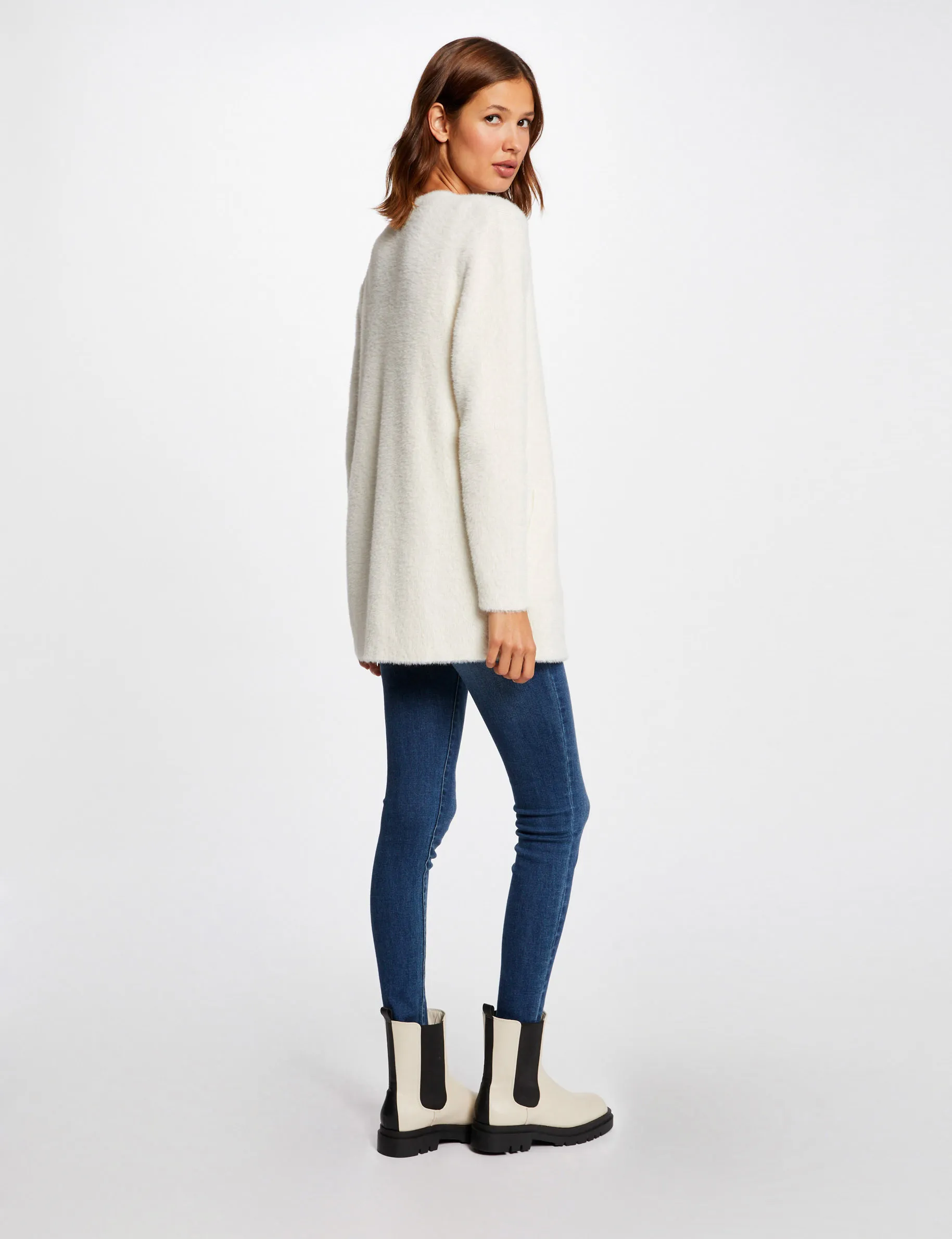 Long cardigan with fluffy knit ivory women