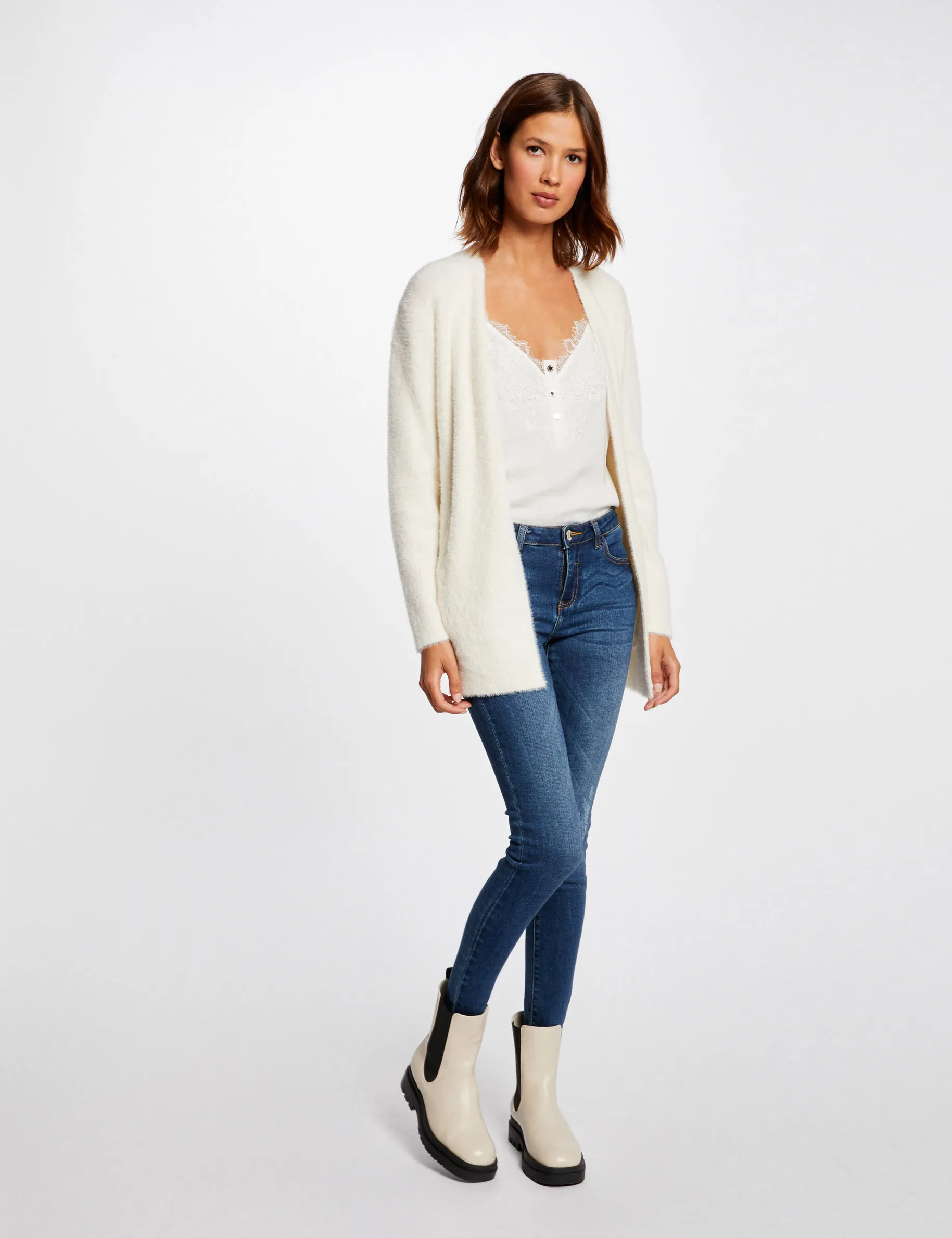 Long cardigan with fluffy knit ivory women