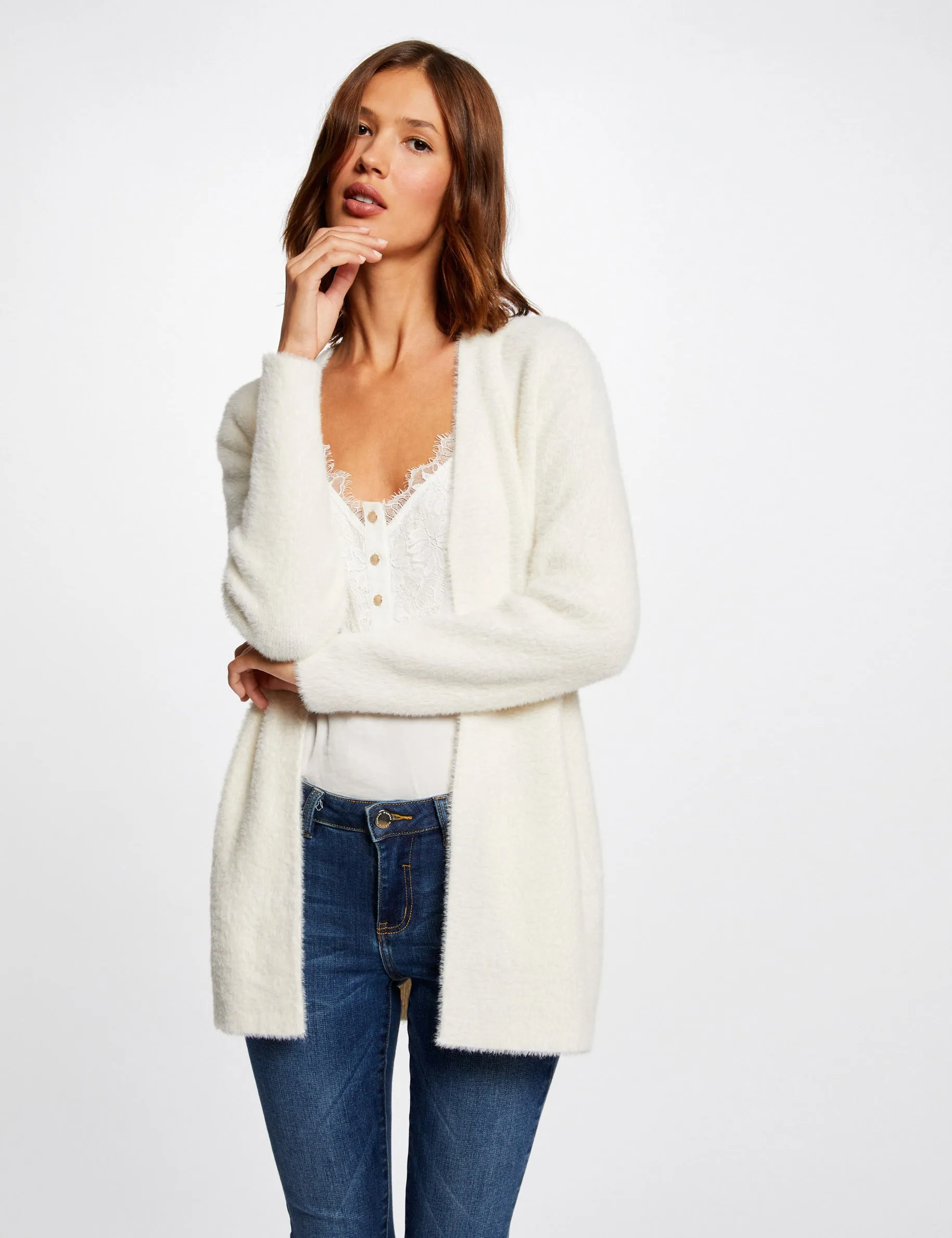 Long cardigan with fluffy knit ivory women