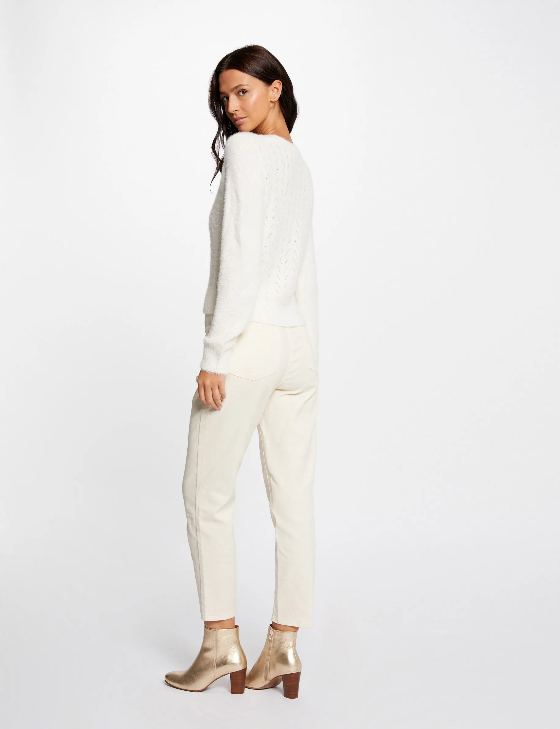 Long-sleeved cardigan openwork details ivory women