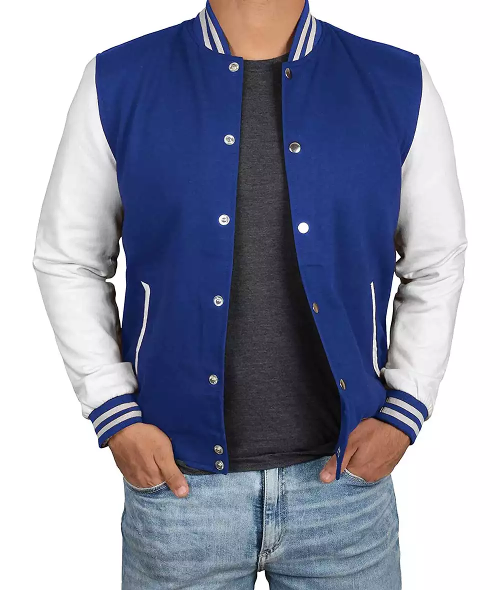 Men's Royal Blue Varsity Jacket with White Sleeves