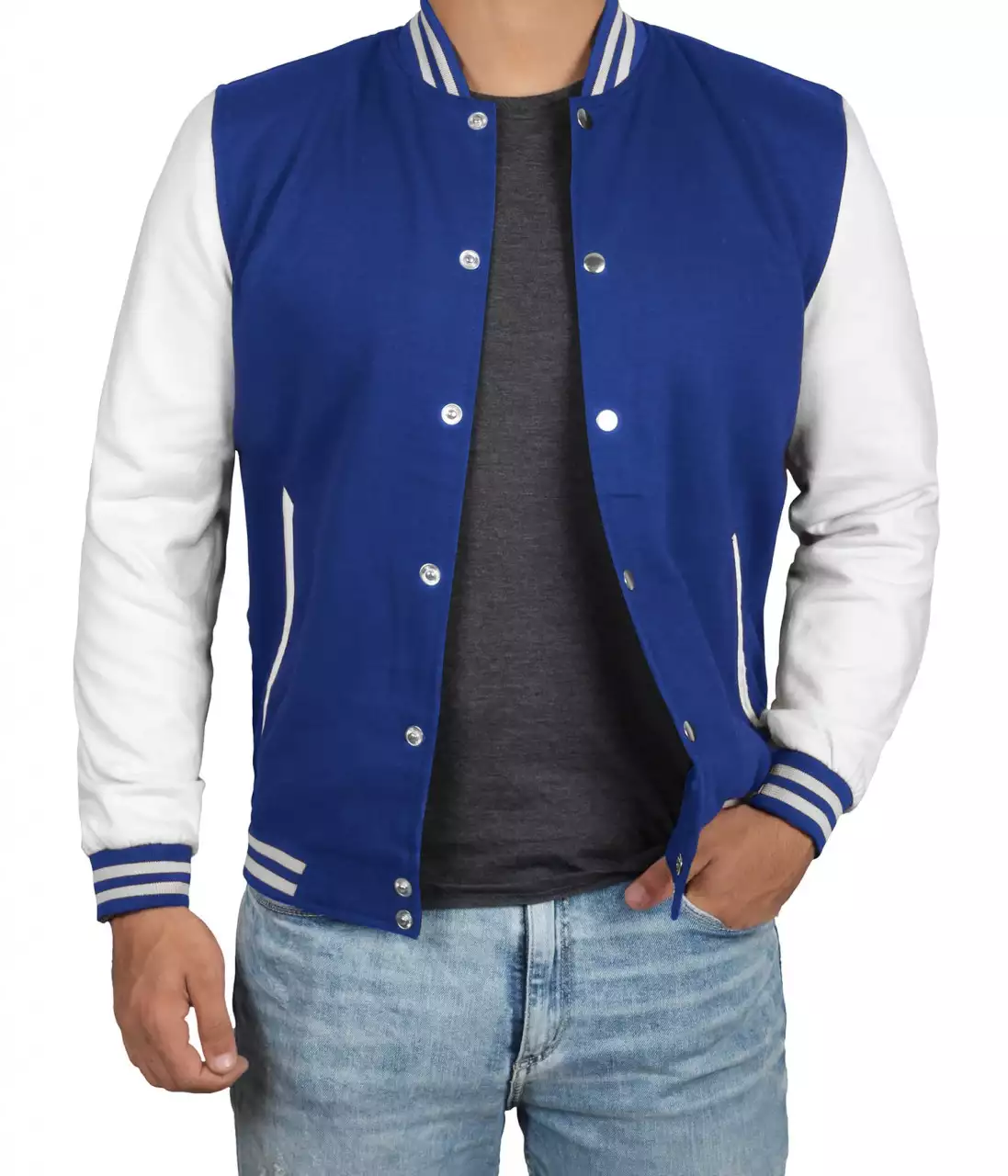 Men's Royal Blue Varsity Jacket with White Sleeves