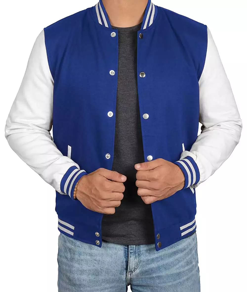 Men's Royal Blue Varsity Jacket with White Sleeves