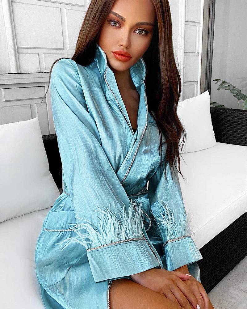 Metallic Feather Sleeve Short Robe