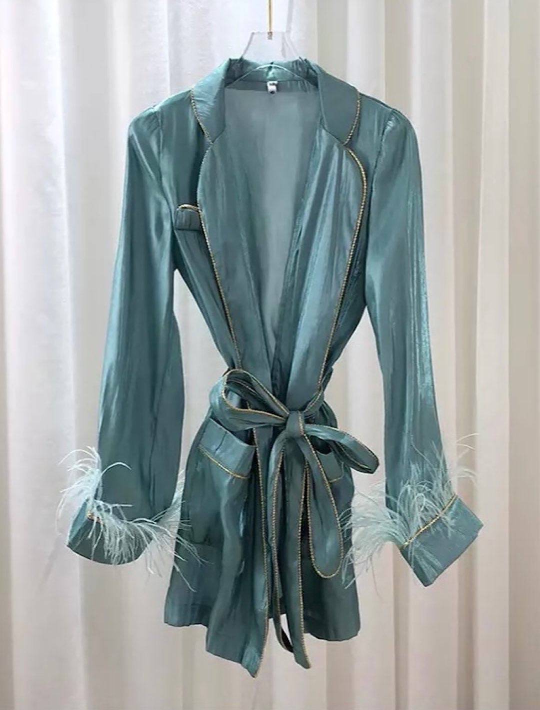 Metallic Feather Sleeve Short Robe