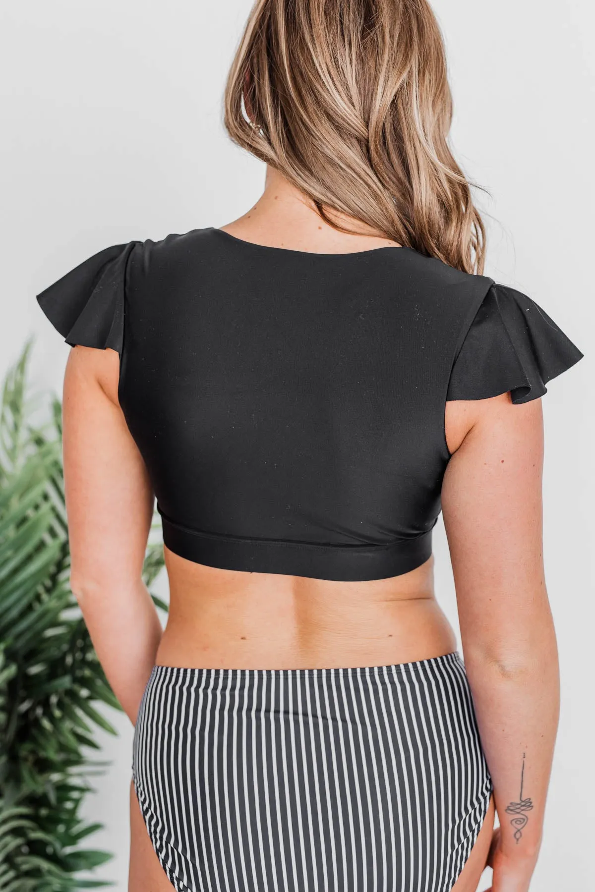 Miami Memories Flutter Sleeve Swim Top- Black