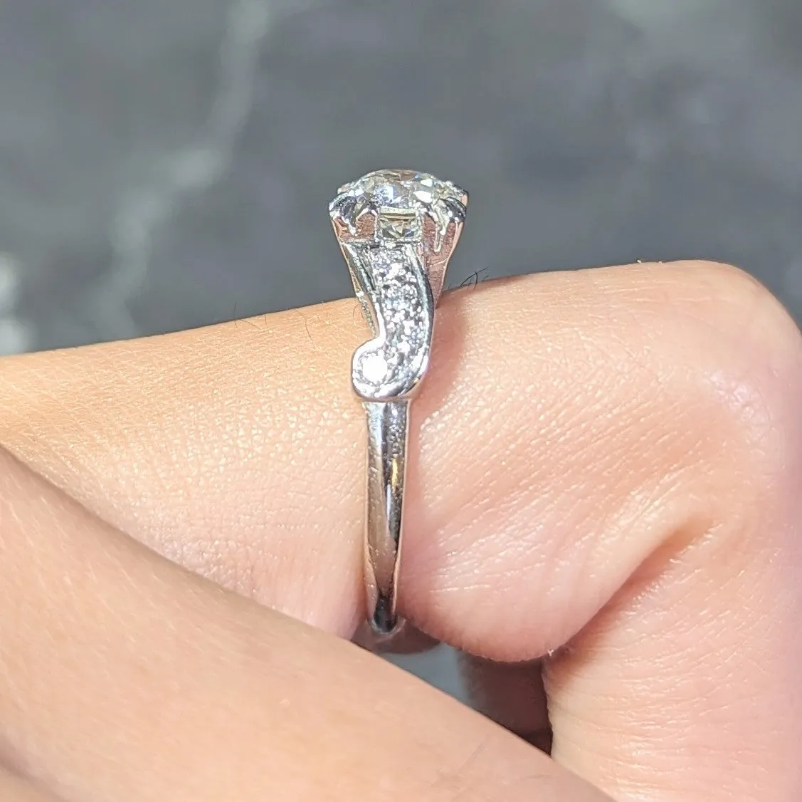 Mid-Century 1.11 CTW Diamond Platinum Scrolling Ribbon Vintage Engagement Ring