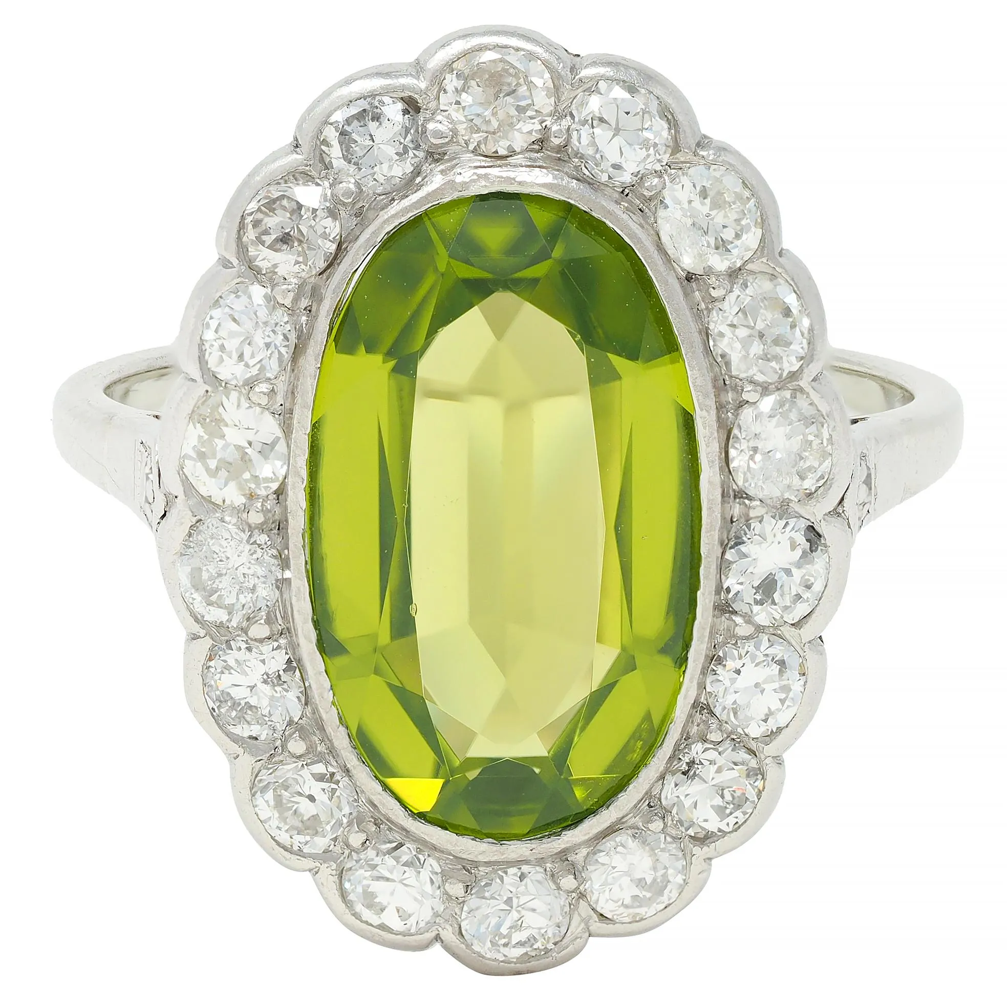 Mid-Century 5.35 CTW Peridot Diamond Platinum 14K White Gold Vintage Halo Ring