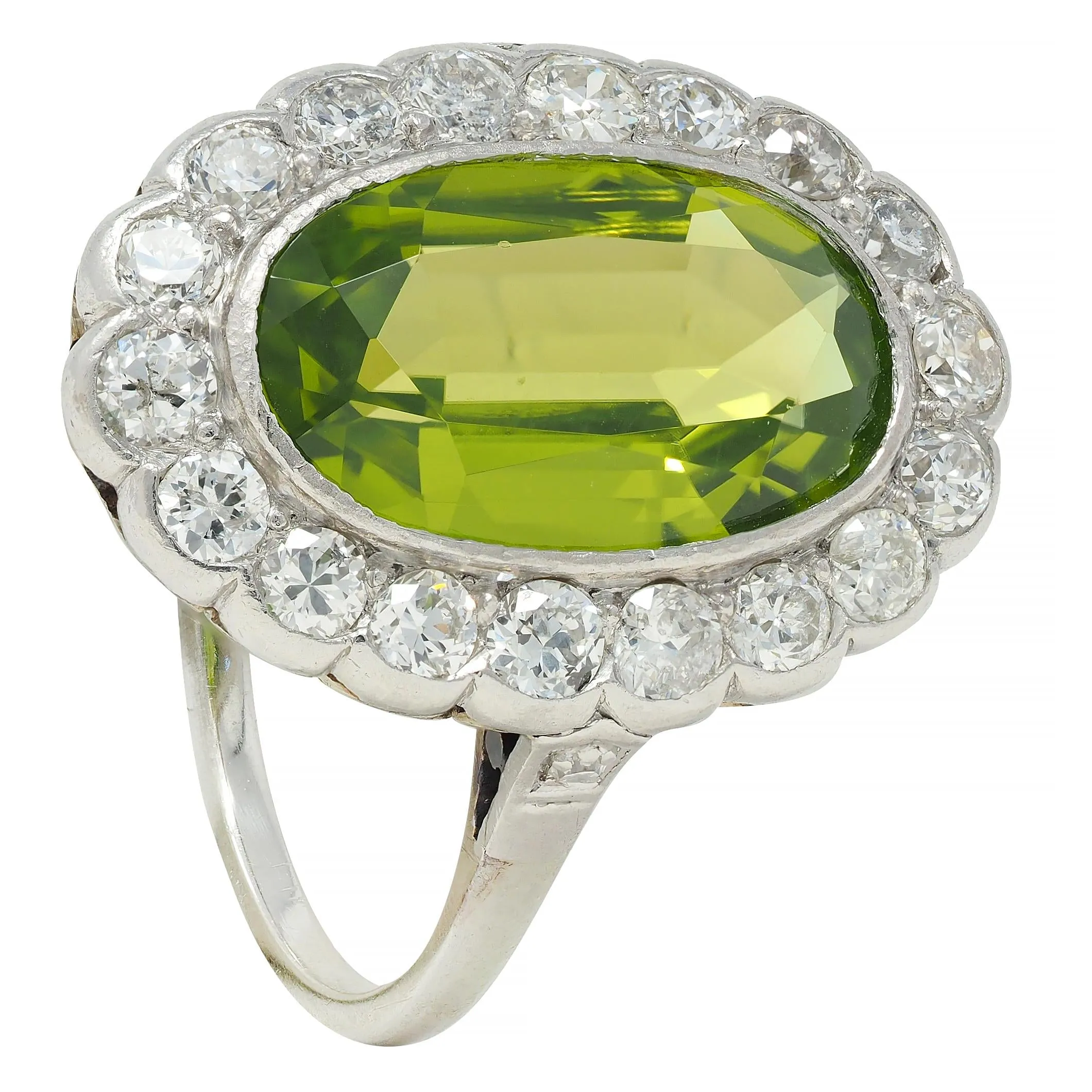 Mid-Century 5.35 CTW Peridot Diamond Platinum 14K White Gold Vintage Halo Ring