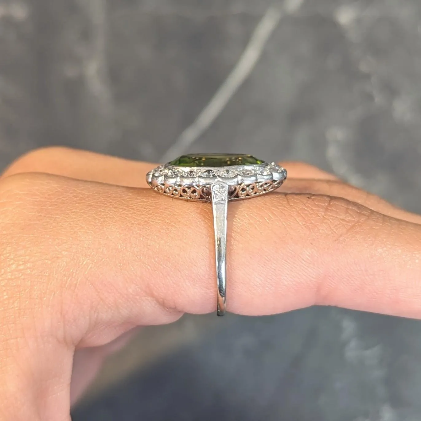 Mid-Century 5.35 CTW Peridot Diamond Platinum 14K White Gold Vintage Halo Ring