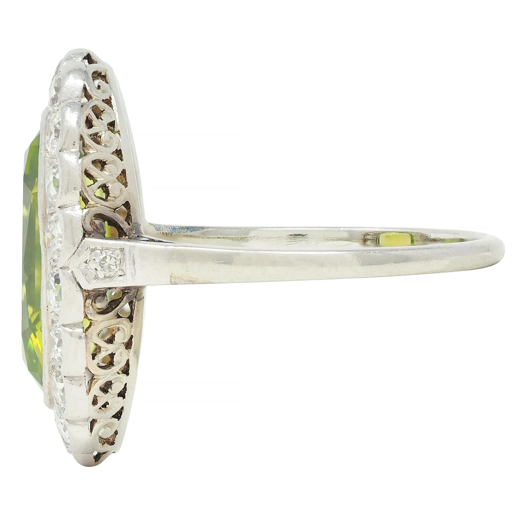 Mid-Century 5.35 CTW Peridot Diamond Platinum 14K White Gold Vintage Halo Ring