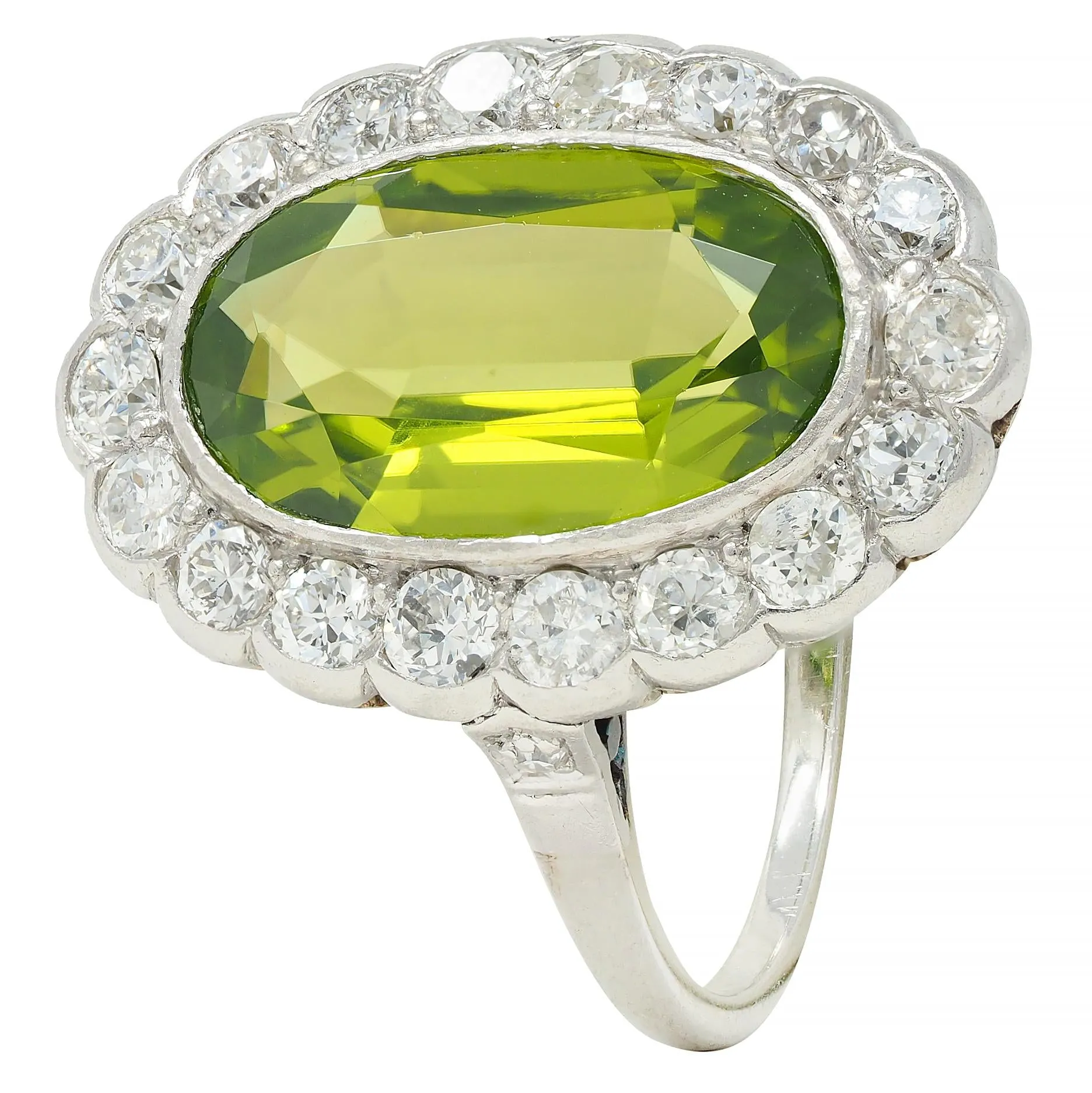 Mid-Century 5.35 CTW Peridot Diamond Platinum 14K White Gold Vintage Halo Ring