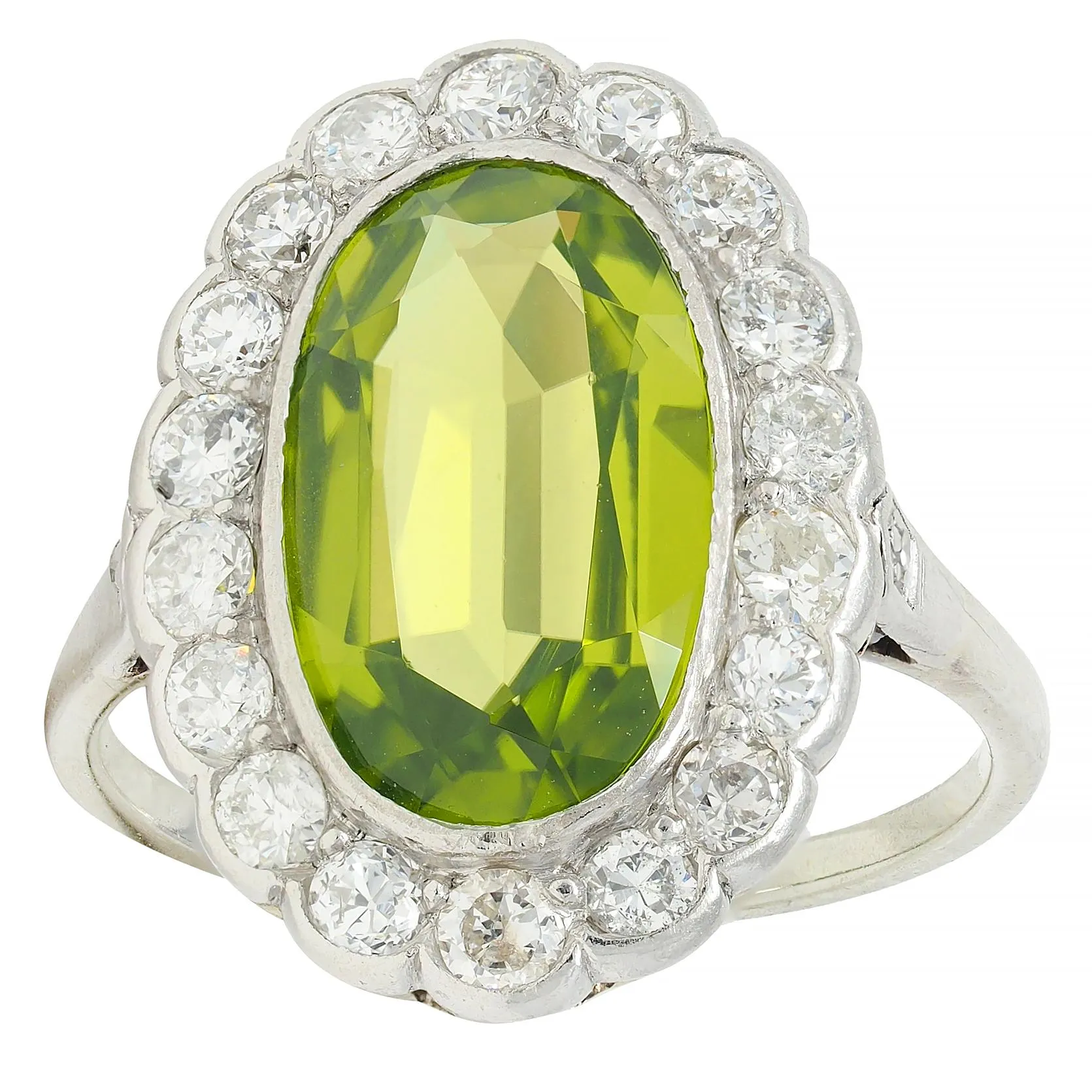 Mid-Century 5.35 CTW Peridot Diamond Platinum 14K White Gold Vintage Halo Ring