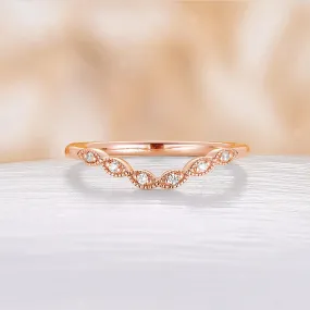 Milgrain Vintage Curved Matching Band Rose Gold Round Moissanite