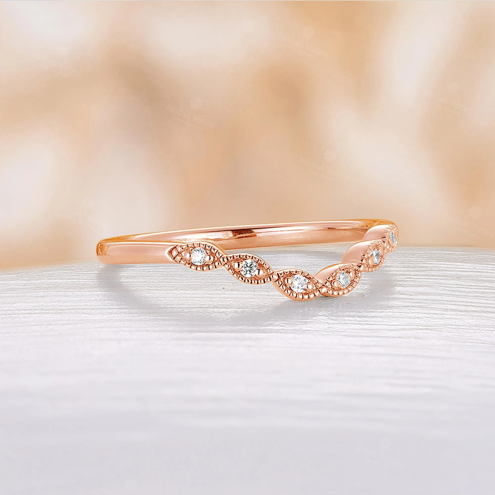 Milgrain Vintage Curved Matching Band Rose Gold Round Moissanite