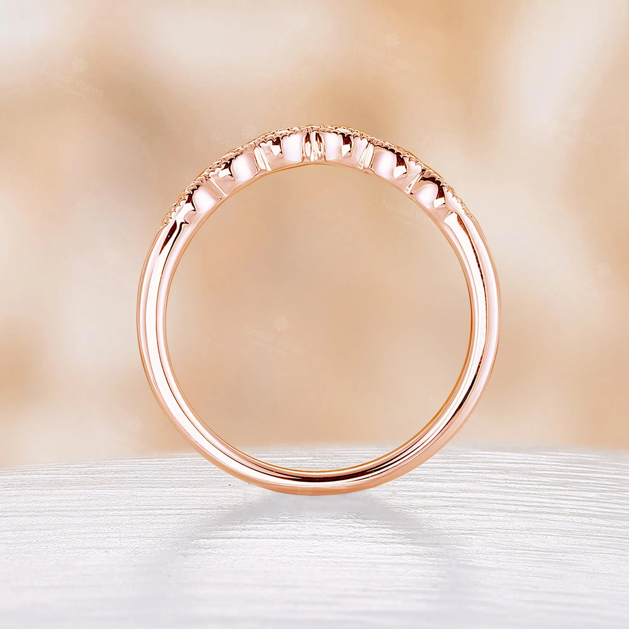 Milgrain Vintage Curved Matching Band Rose Gold Round Moissanite