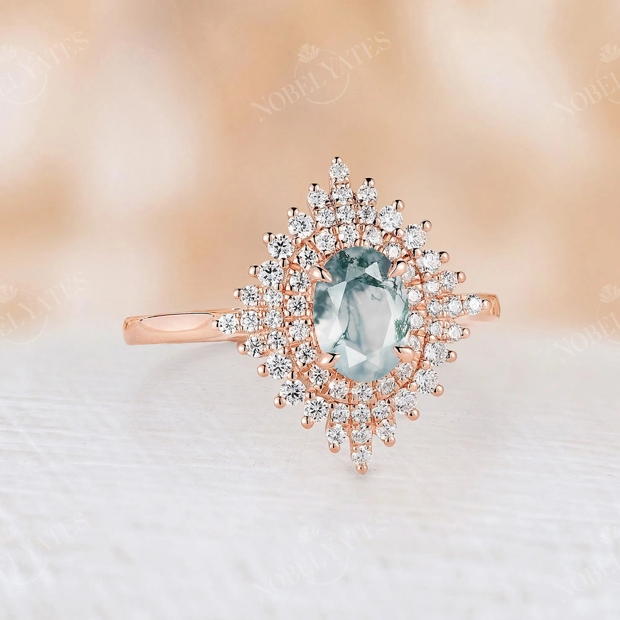 Moss Agate Vintage Oval Rose Gold Halo Engagement Ring