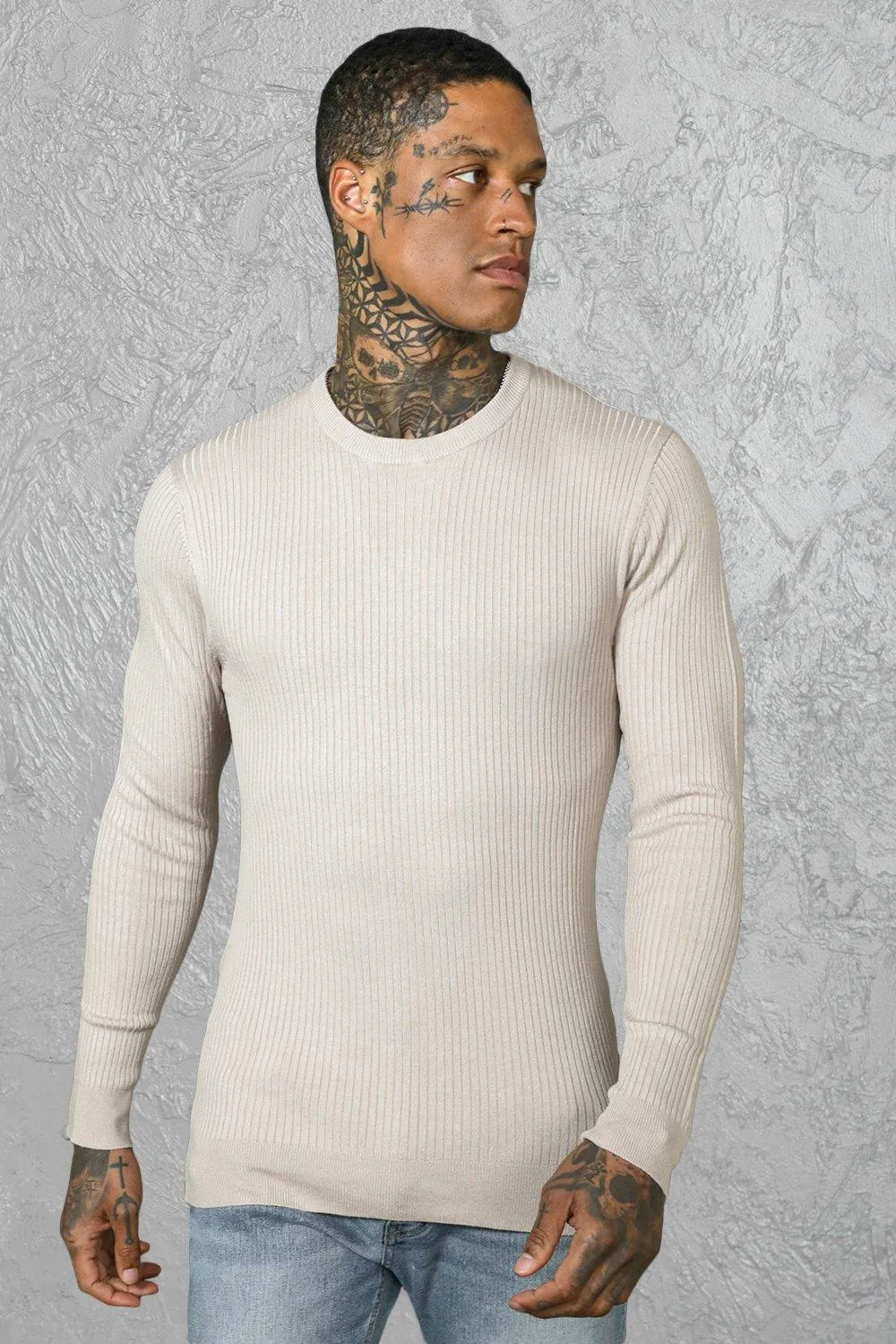 Muscle Crew Neck Ribbed Jumper | boohooMAN UK