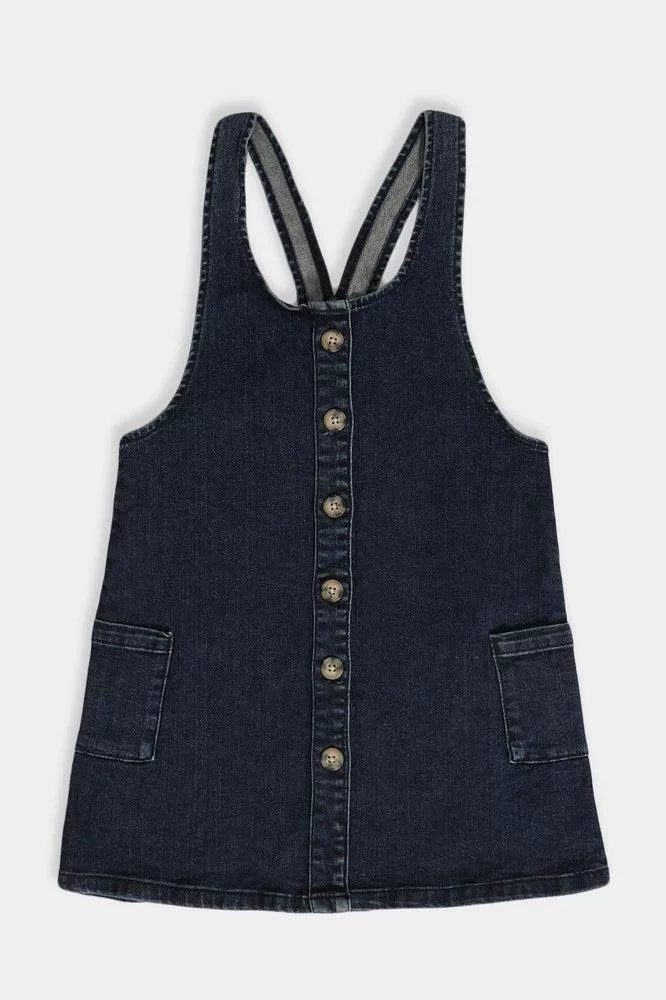 Navy Buttons Front Denim Girls Dress