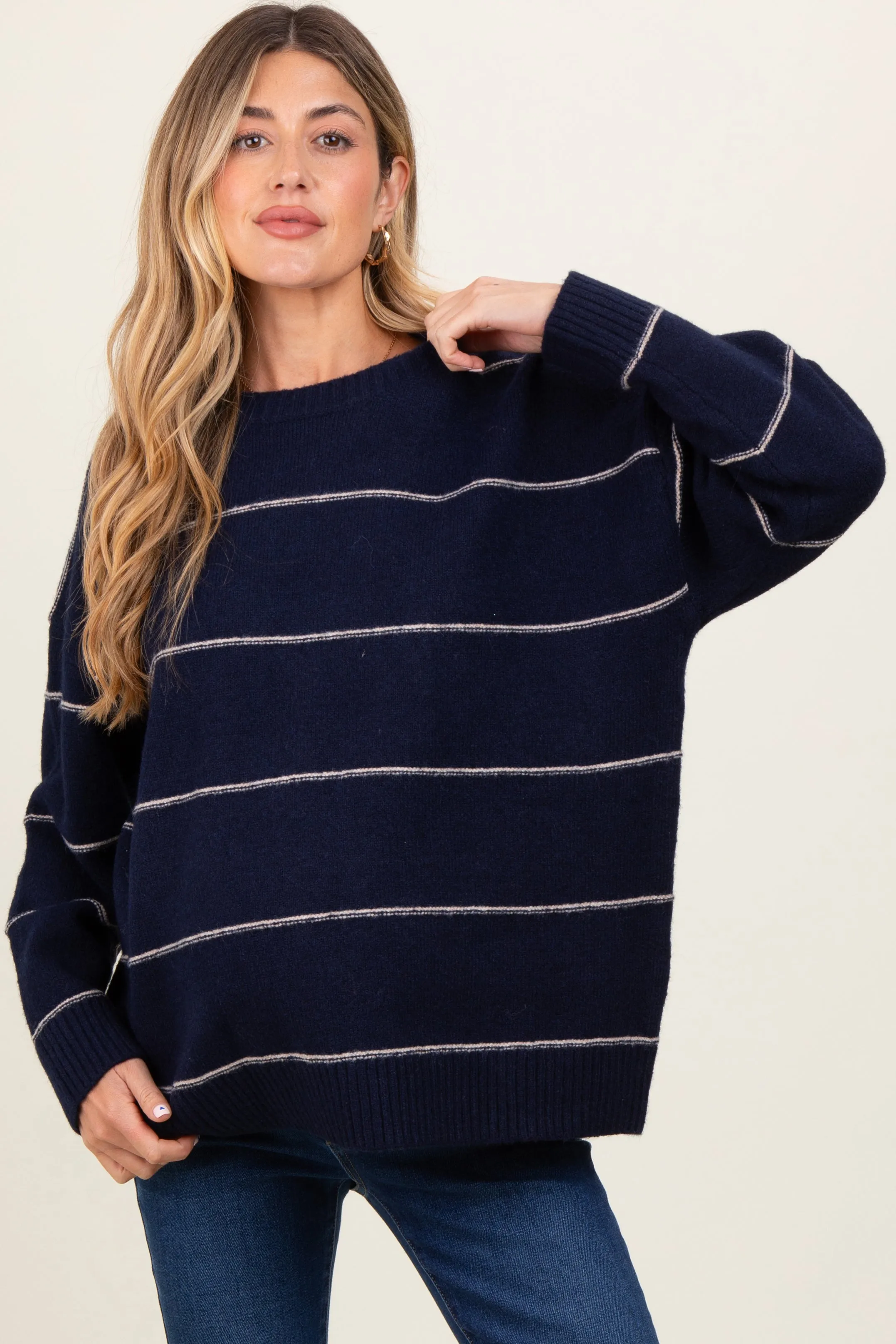 Navy Striped Drop Shoulder Maternity Sweater