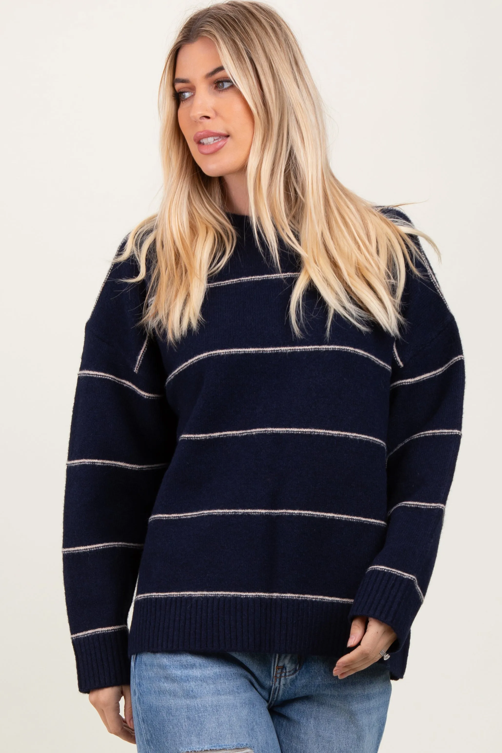 Navy Striped Drop Shoulder Maternity Sweater