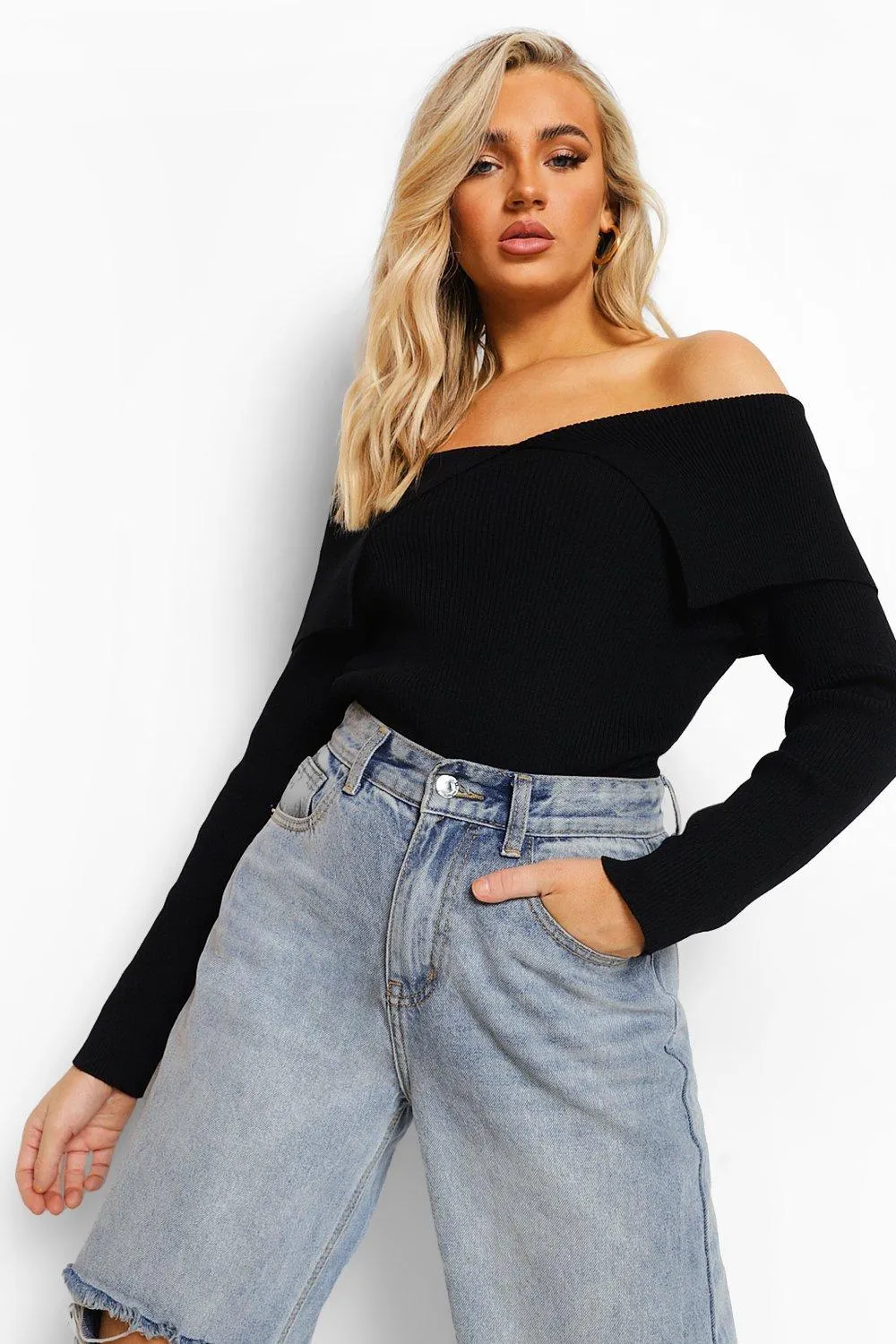 Off The Shoulder Rib Knitted Sweater