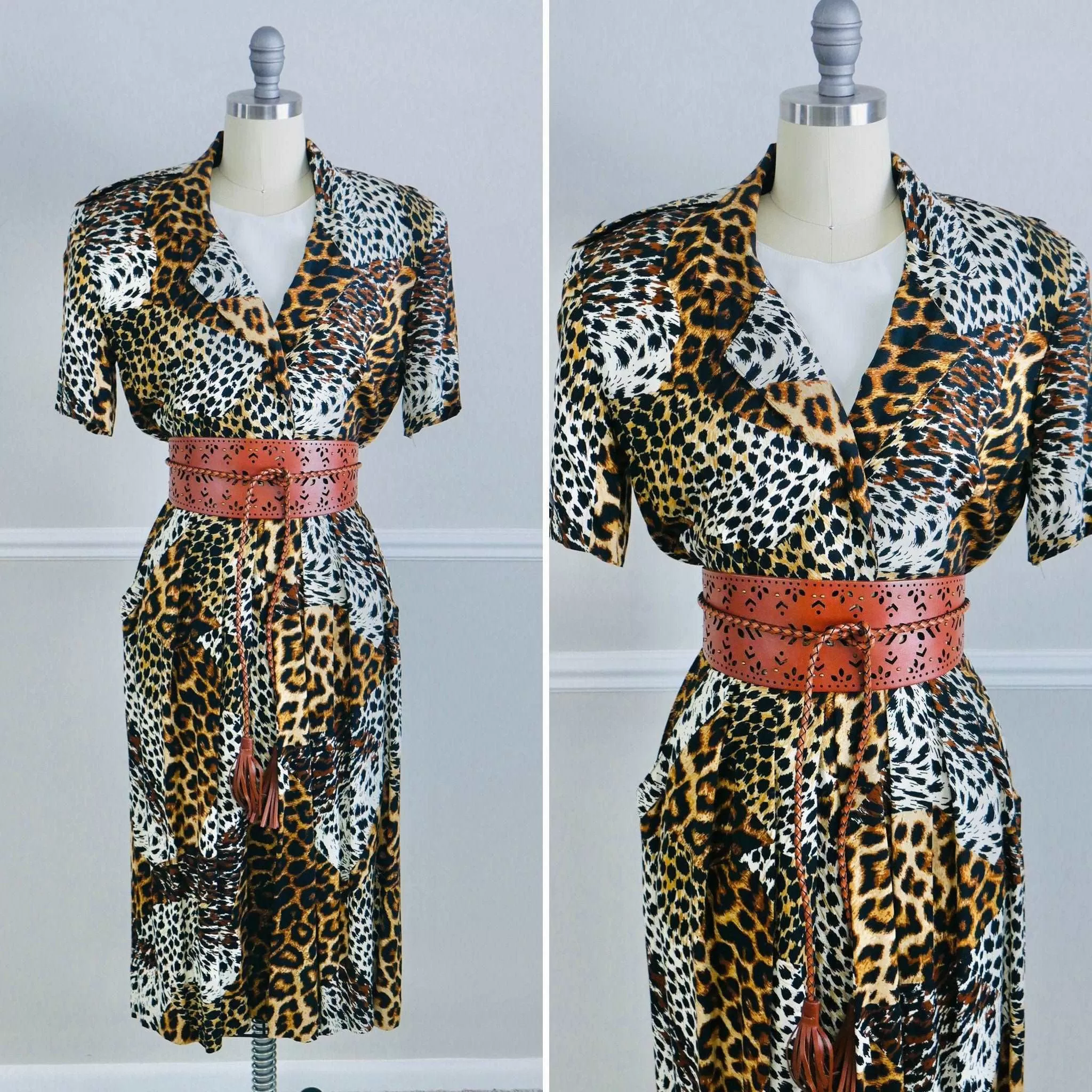 ON SALE Vintage 1980s Leopard Print Dress / 80s retro rayon animal print dress size M