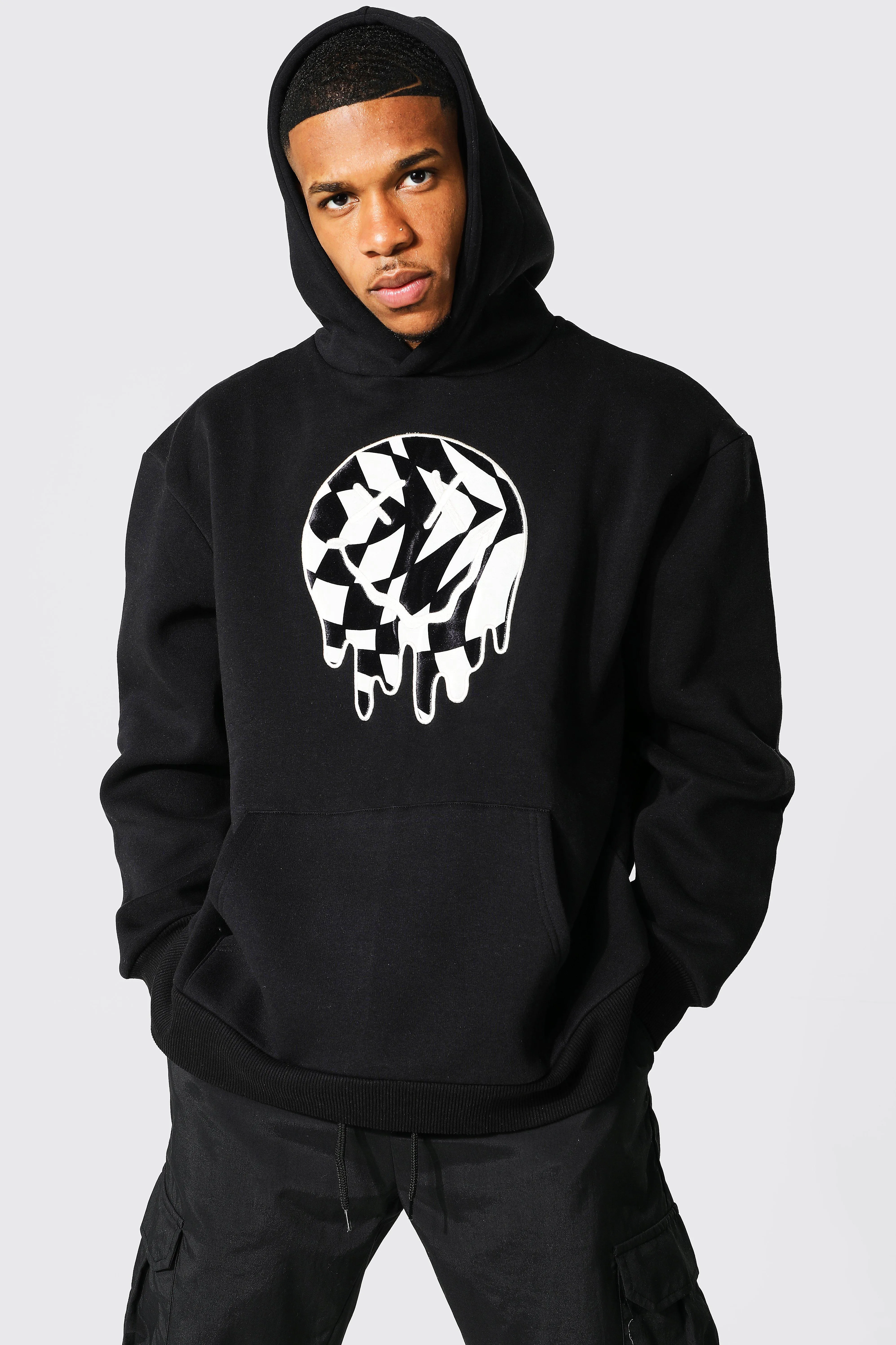 Oversized Checkerboard Drip Face Hoodie | boohooMAN UK