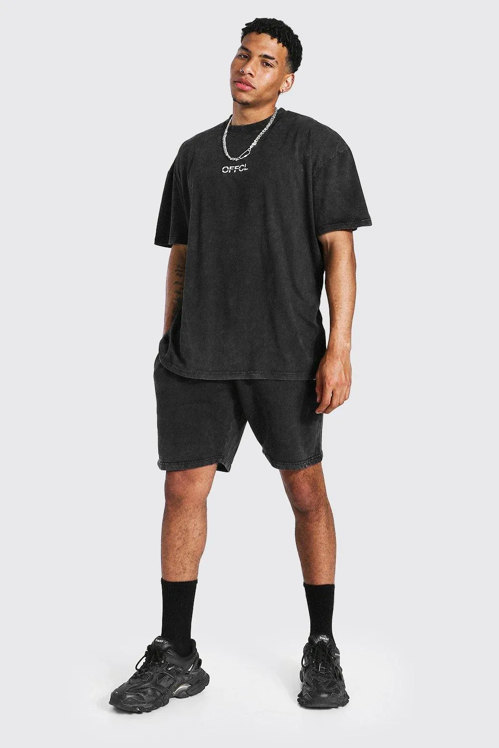 Oversized Offcl Acid Wash T-shirt & Short Set | boohooMAN UK