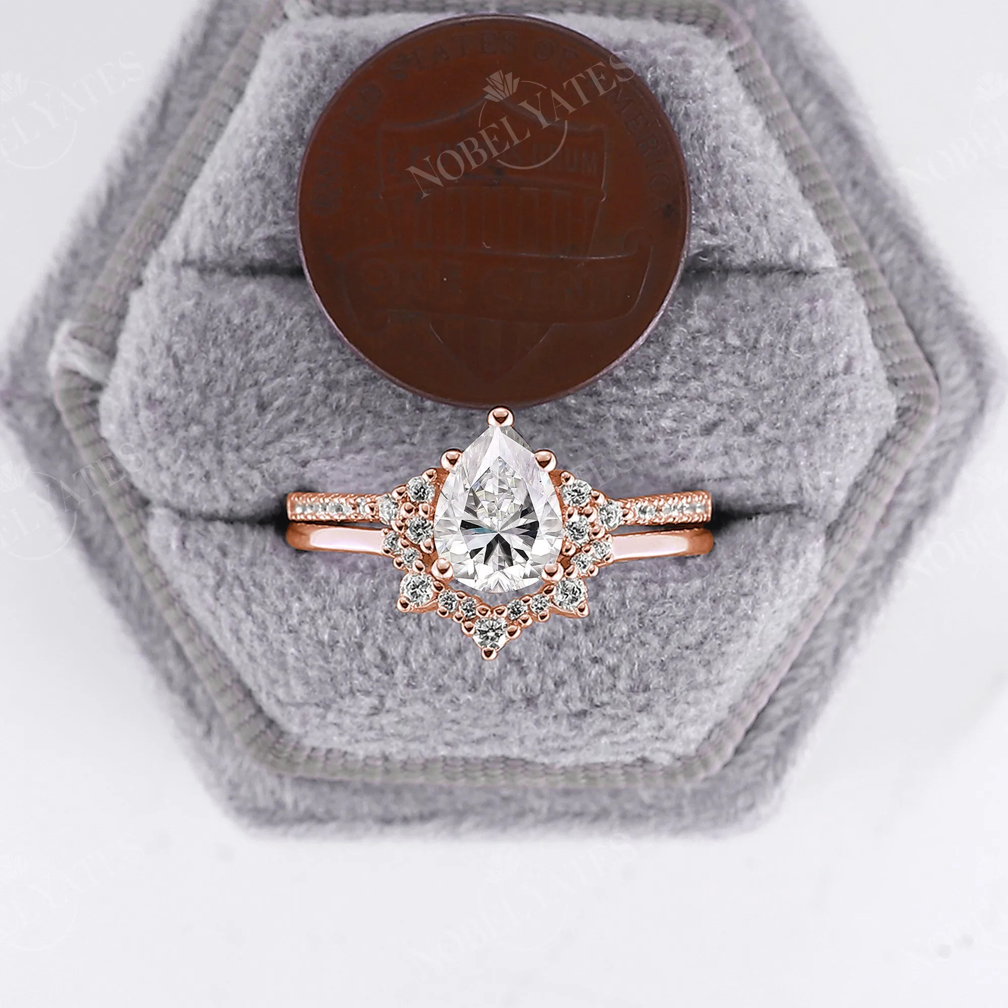 Pear Moissanite Vintage Cluster & Pave Engagement Ring Set Rose Gold