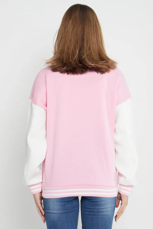 PINK CONTRAST SLEEVE LETTER A UNISEX VARSITY JACKET