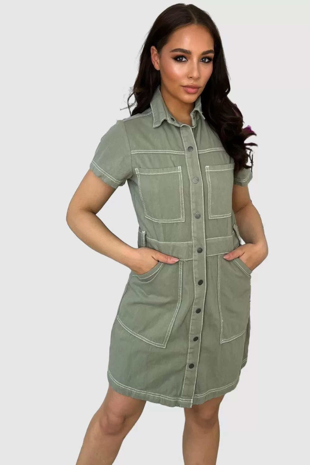 Popper Buttons Front Light Denim Dress