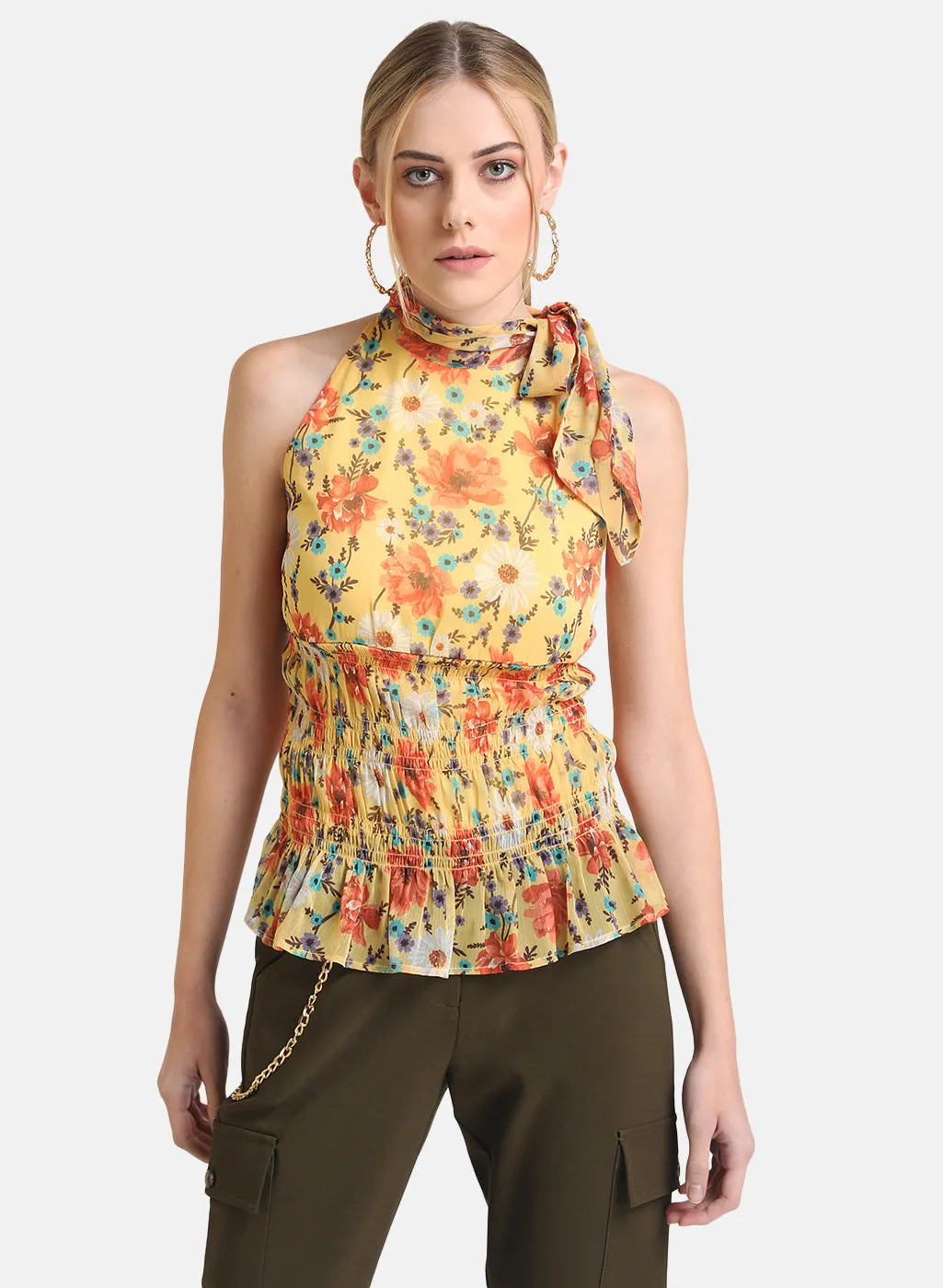 Printed Smoked Tie Knot Detail Top