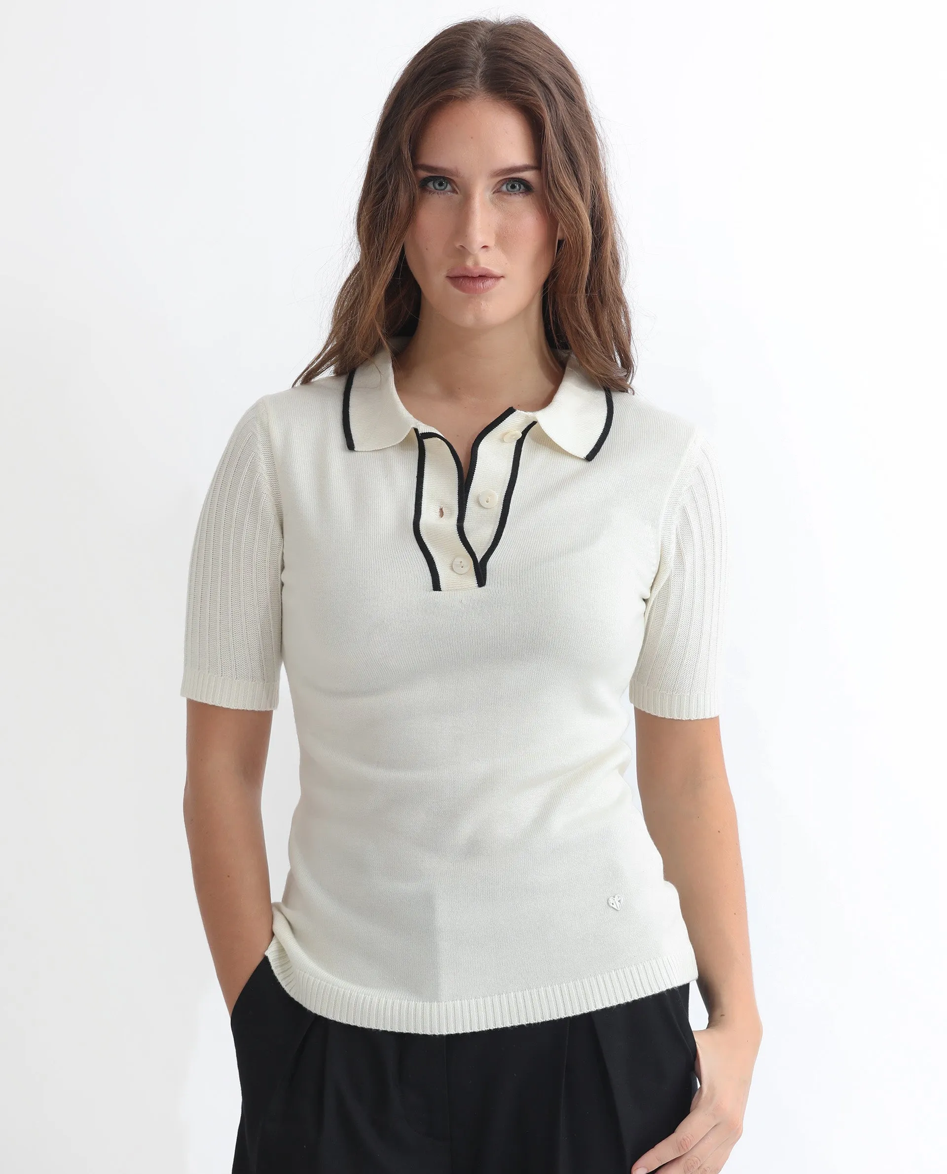 Rareism Women Knitup Off White  Half Sleeves Regular Fit Solid Shirt Collar Sweater