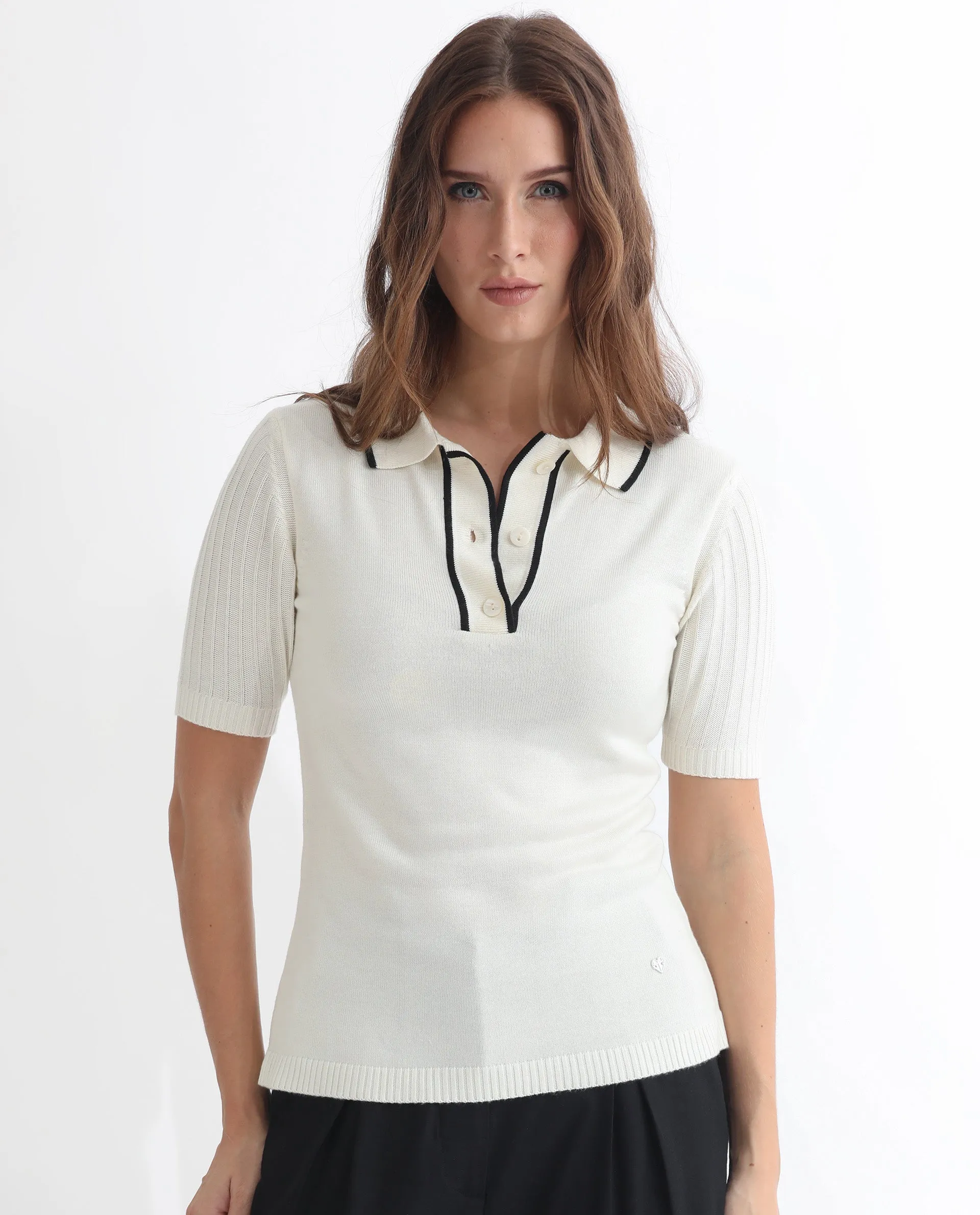 Rareism Women Knitup Off White  Half Sleeves Regular Fit Solid Shirt Collar Sweater