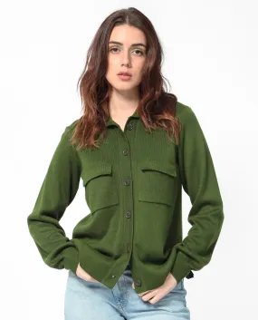 Rareism Women Korn Green Viscose Fabric Full Sleeves Regular Fit Solid Shirt Collar Sweater