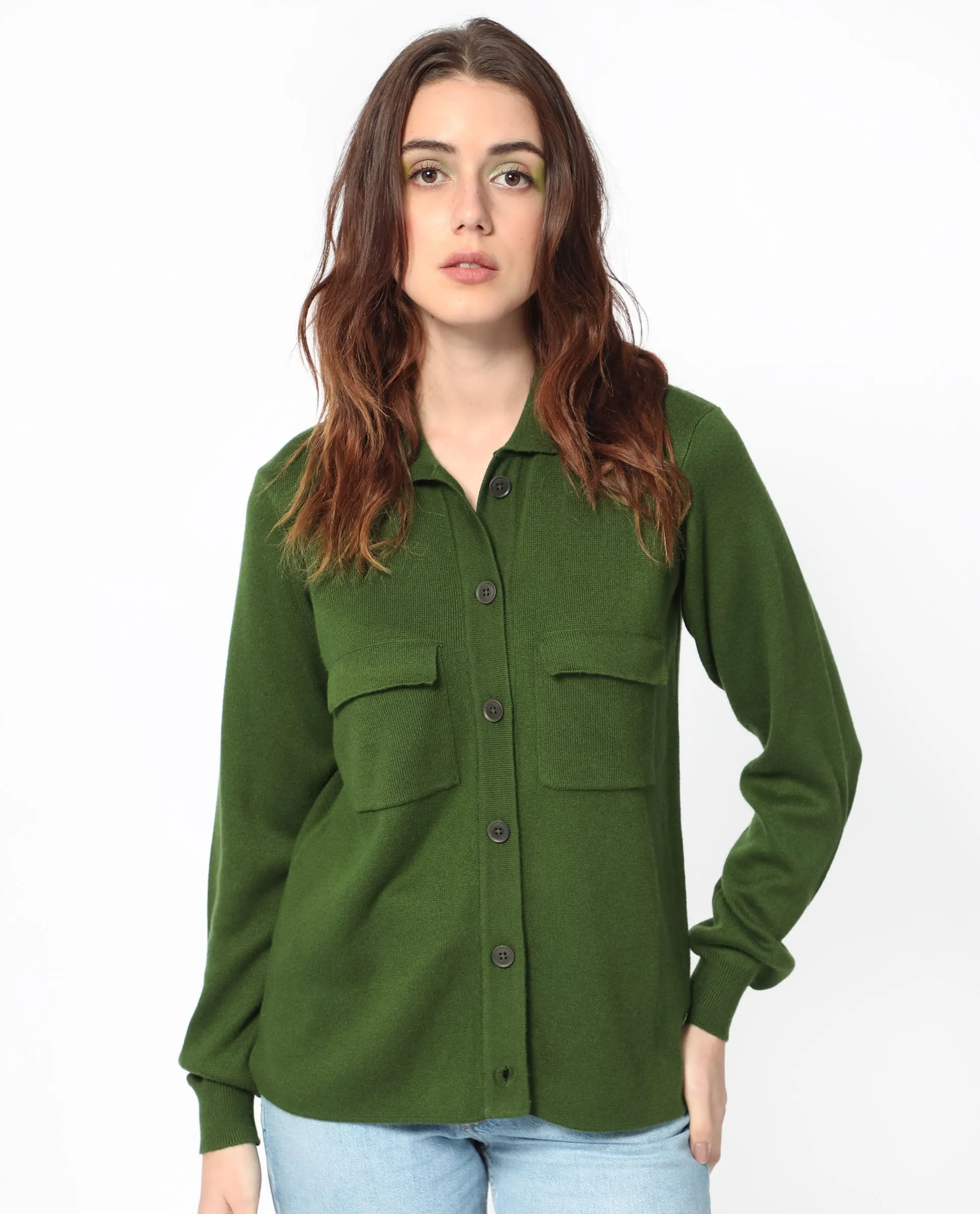 Rareism Women Korn Green Viscose Fabric Full Sleeves Regular Fit Solid Shirt Collar Sweater