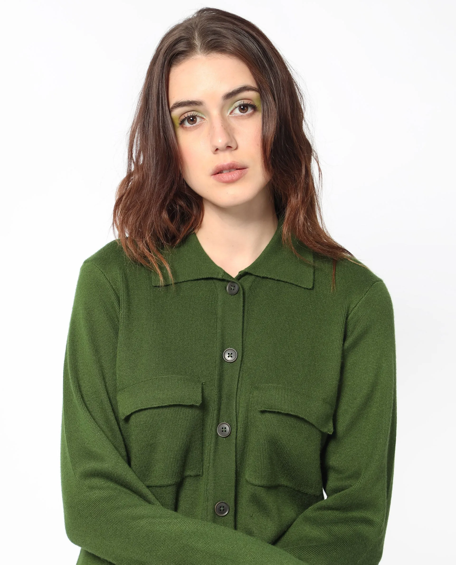 Rareism Women Korn Green Viscose Fabric Full Sleeves Regular Fit Solid Shirt Collar Sweater